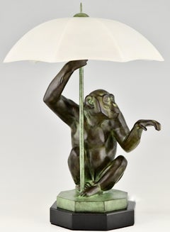 Art Deco Style Table Lamp Monkey with Umbrella by Max Le Verrier France