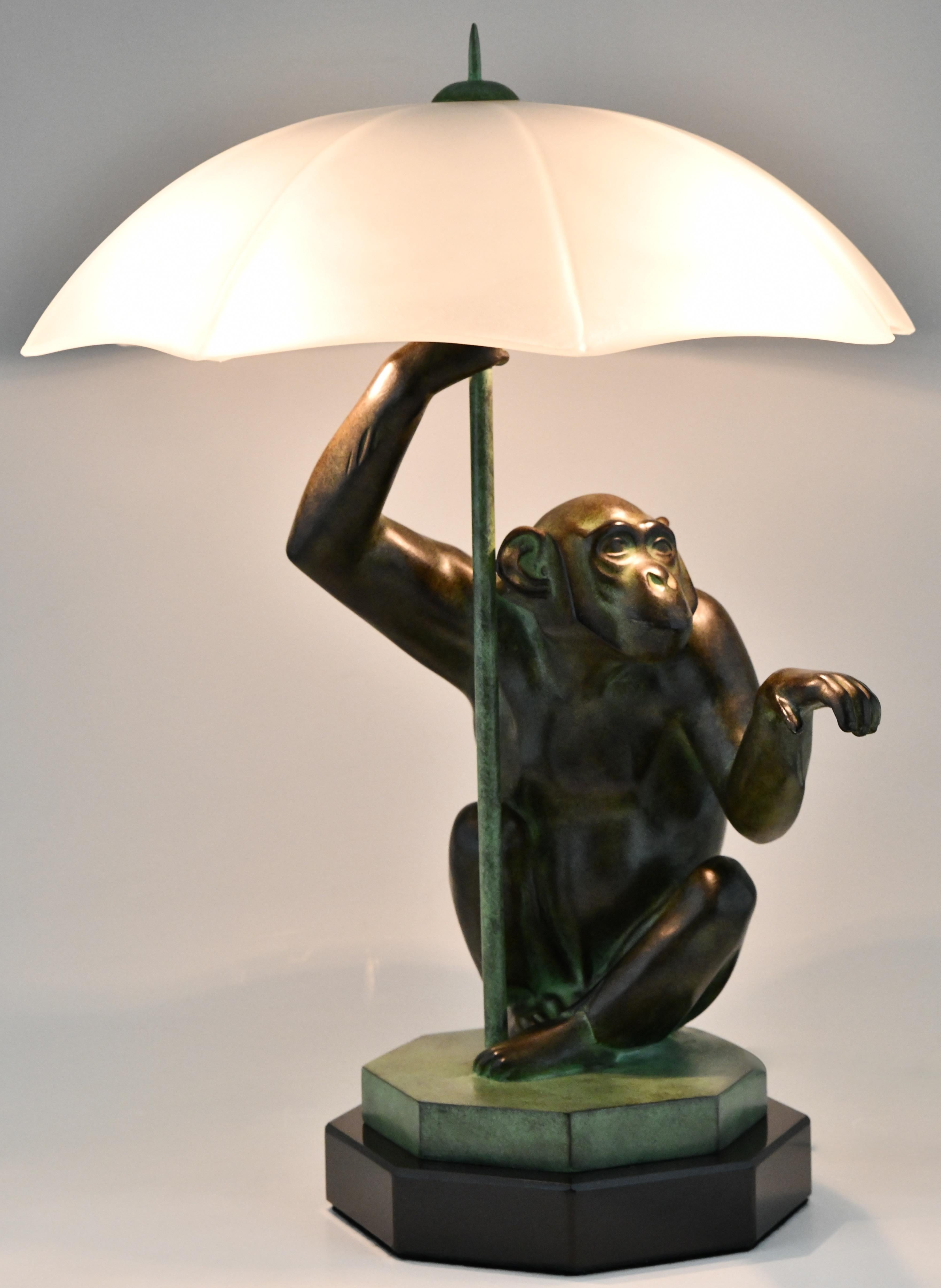 Monkey on Globe Desk Lamp Art Glass Shade Illuminated Sculpture 