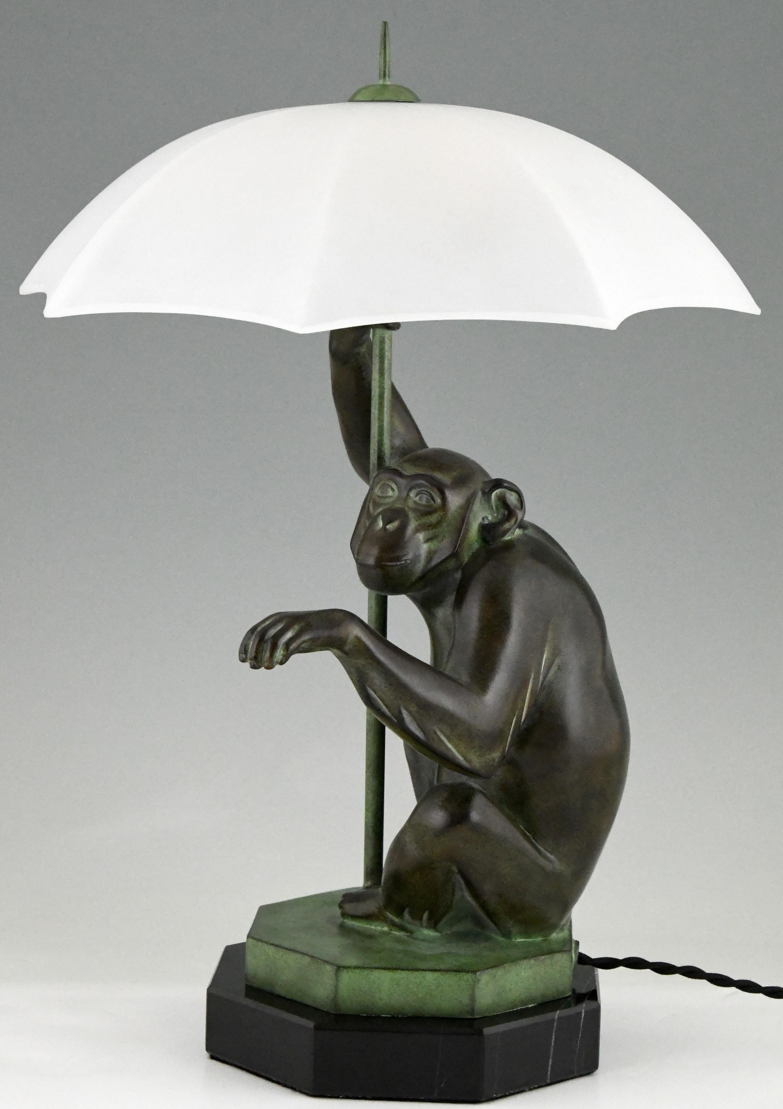French Art Deco Style Table Lamp Monkey with Umbrella by Max Le Verrier France