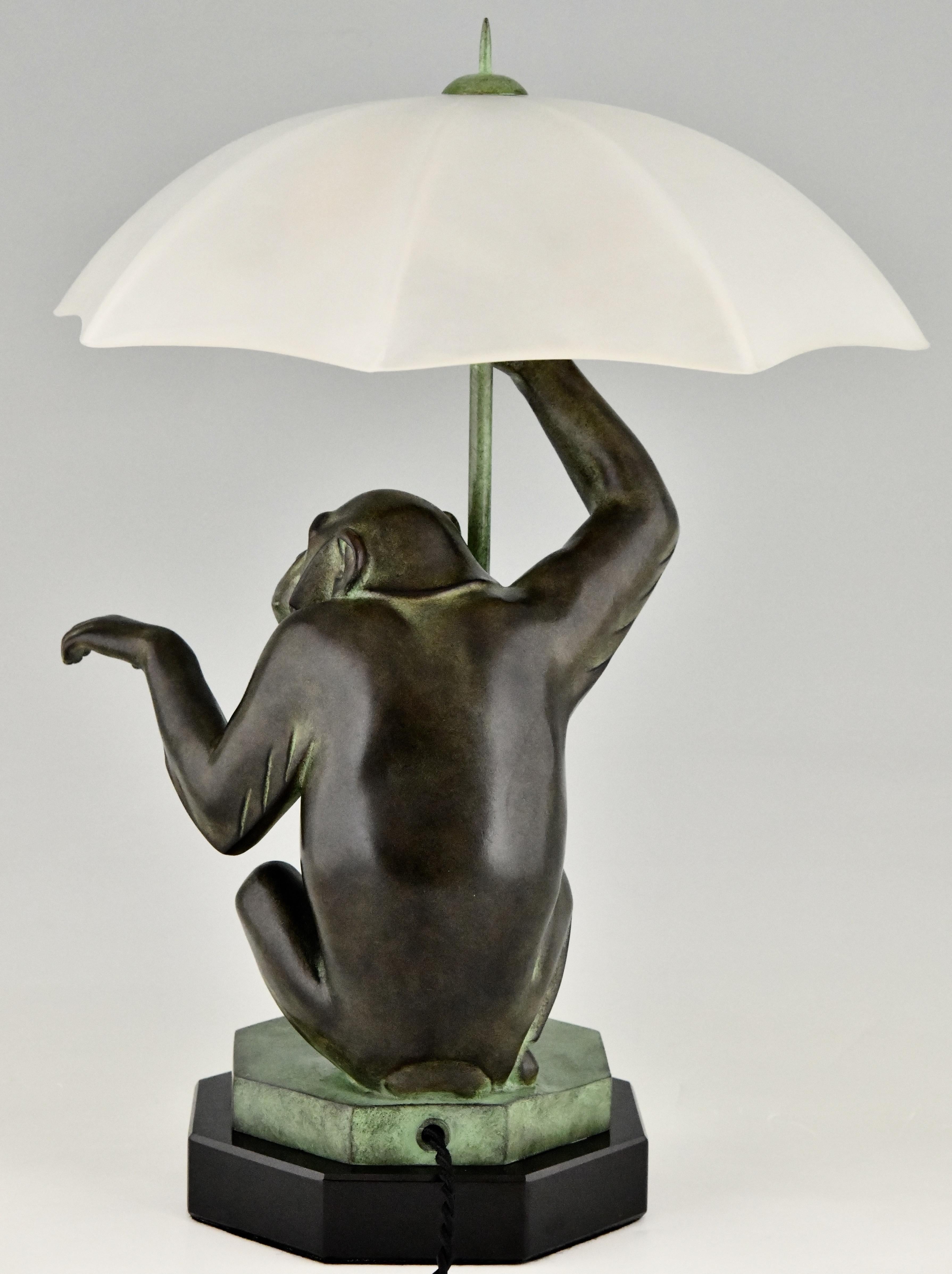 French Art Deco Style Table Lamp Monkey with Umbrella by Max Le Verrier, France For Sale