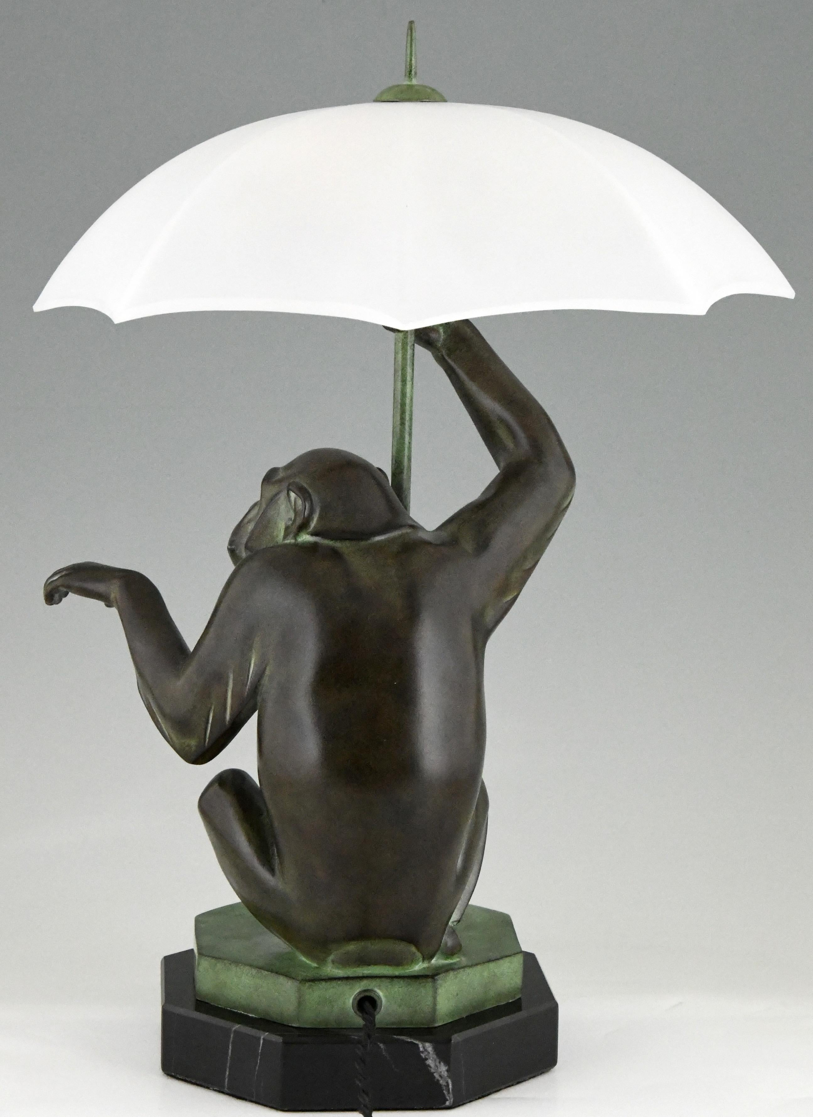 Art Deco Style Table Lamp Monkey with Umbrella by Max Le Verrier France In Excellent Condition In Antwerp, BE