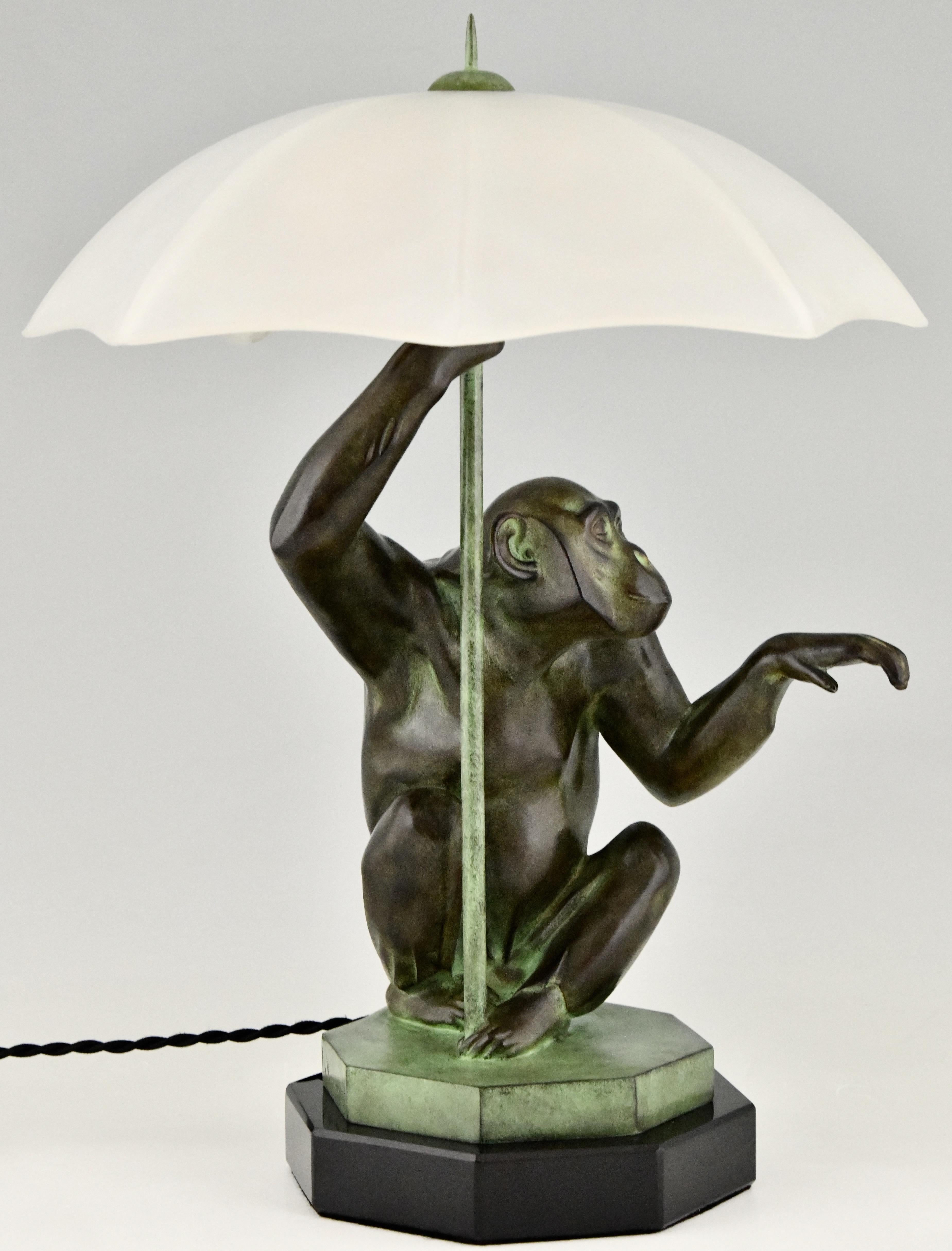 Metal Art Deco Style Table Lamp Monkey with Umbrella by Max Le Verrier France