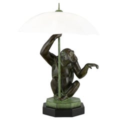 Art Deco Style Table Lamp Monkey with Umbrella by Max Le Verrier France