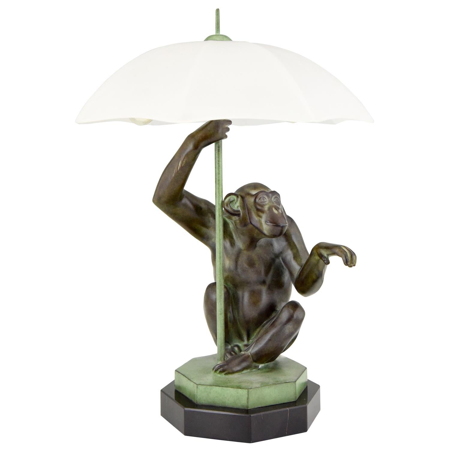 Art Deco Style Table Lamp Monkey with Umbrella by Max Le Verrier France