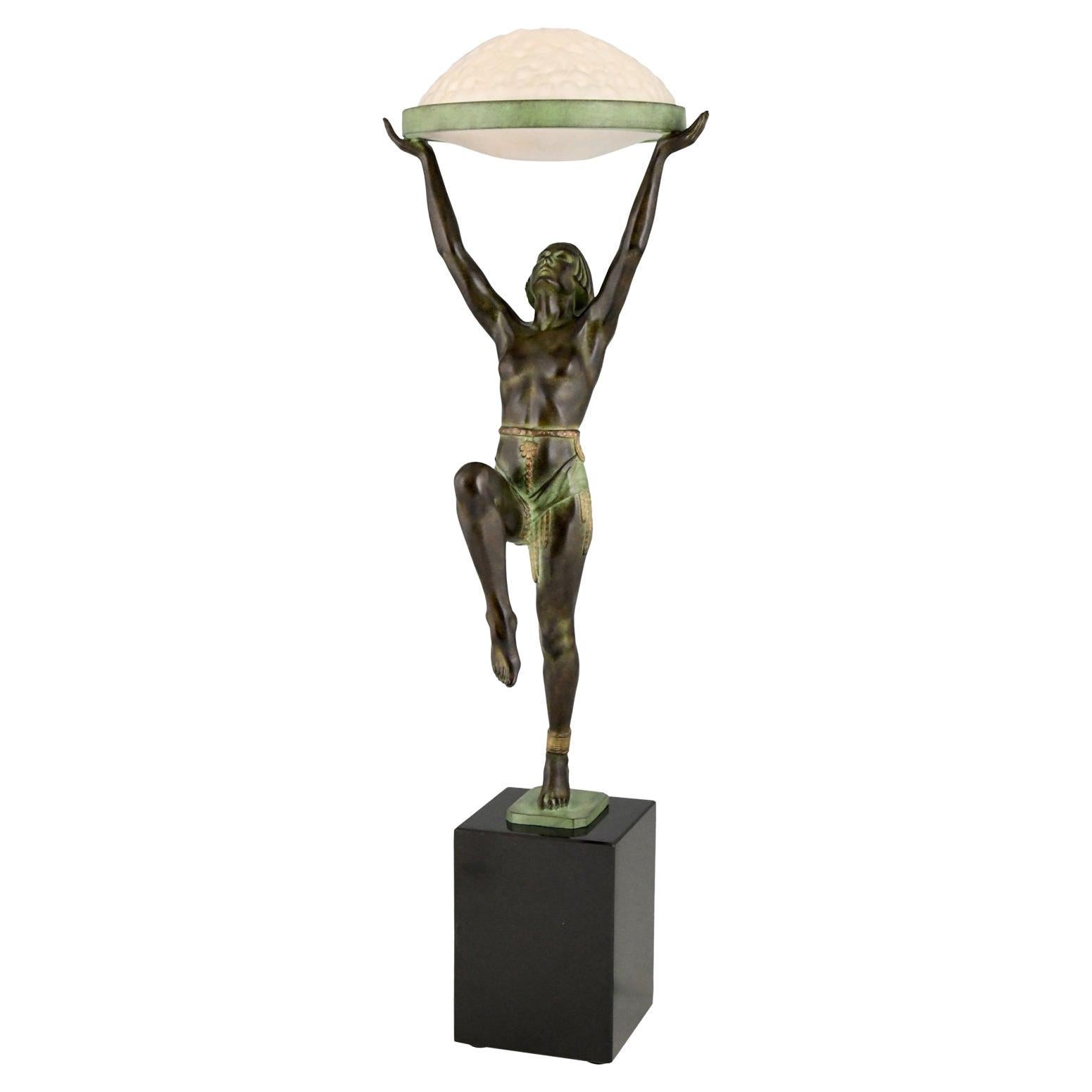Art Deco Style Table Lamp of a Dancer Holding a Glass Shade Max Le Verrier