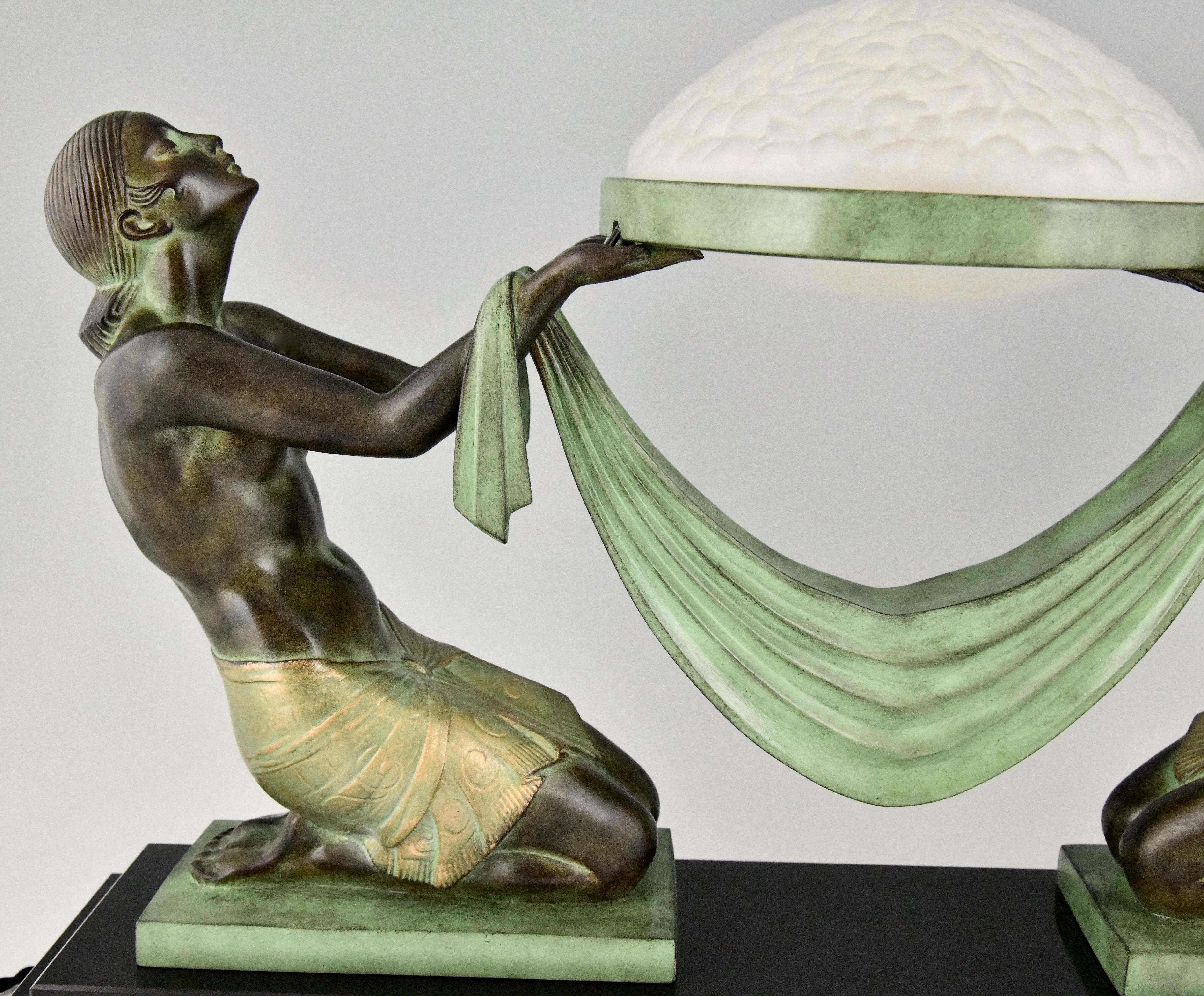 Art Deco Style Table Lamp with Two Kneeling Nudes by Fayral for Max Le Verrier 3