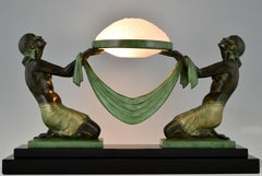 Art Deco Style Table Lamp with Two Kneeling Nudes by Fayral for Max Le Verrier