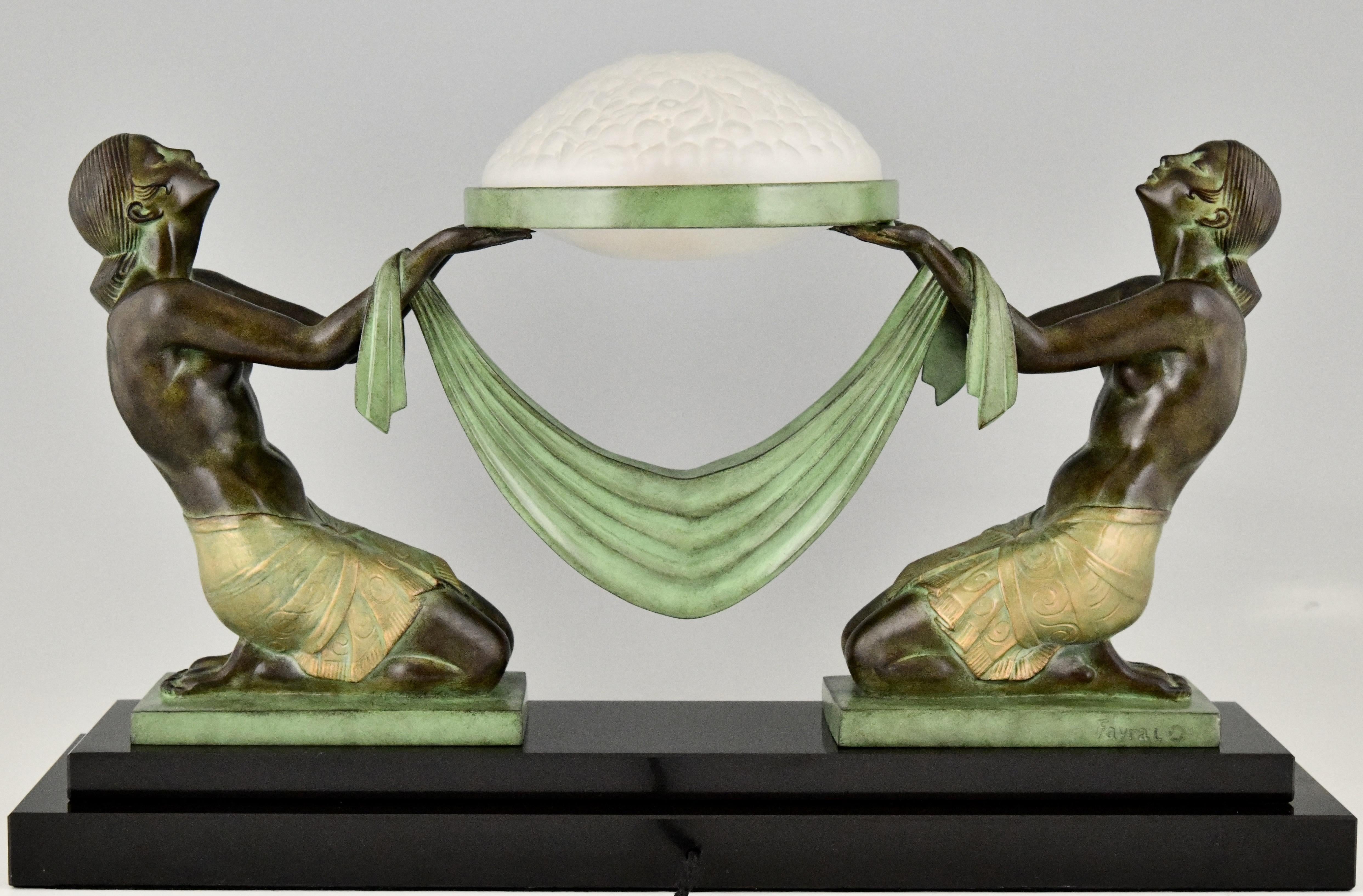 Contemporary Art Deco Style Table Lamp with Two Kneeling Nudes by Fayral for Max Le Verrier For Sale