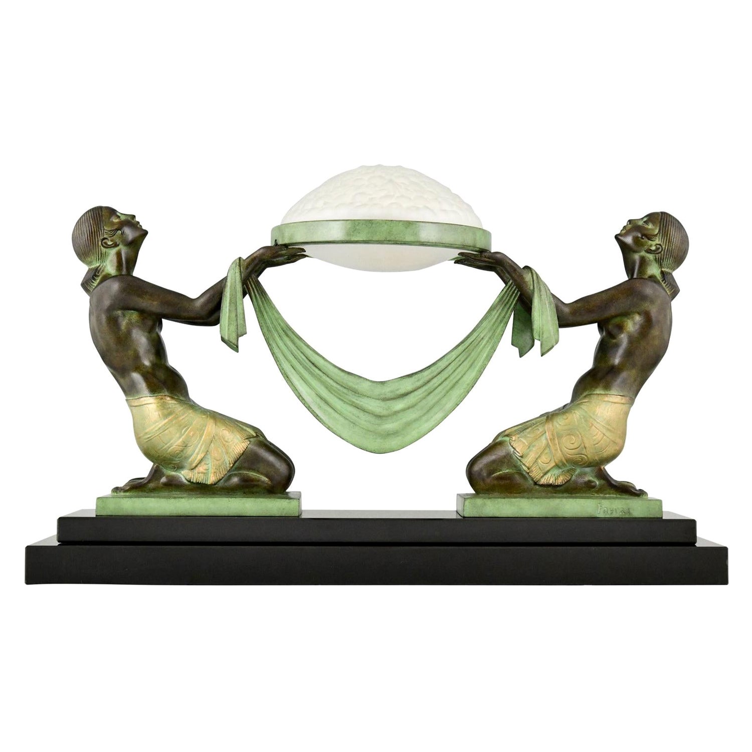 Art Deco Style Table Lamp with Two Kneeling Nudes by Fayral for Max Le Verrier