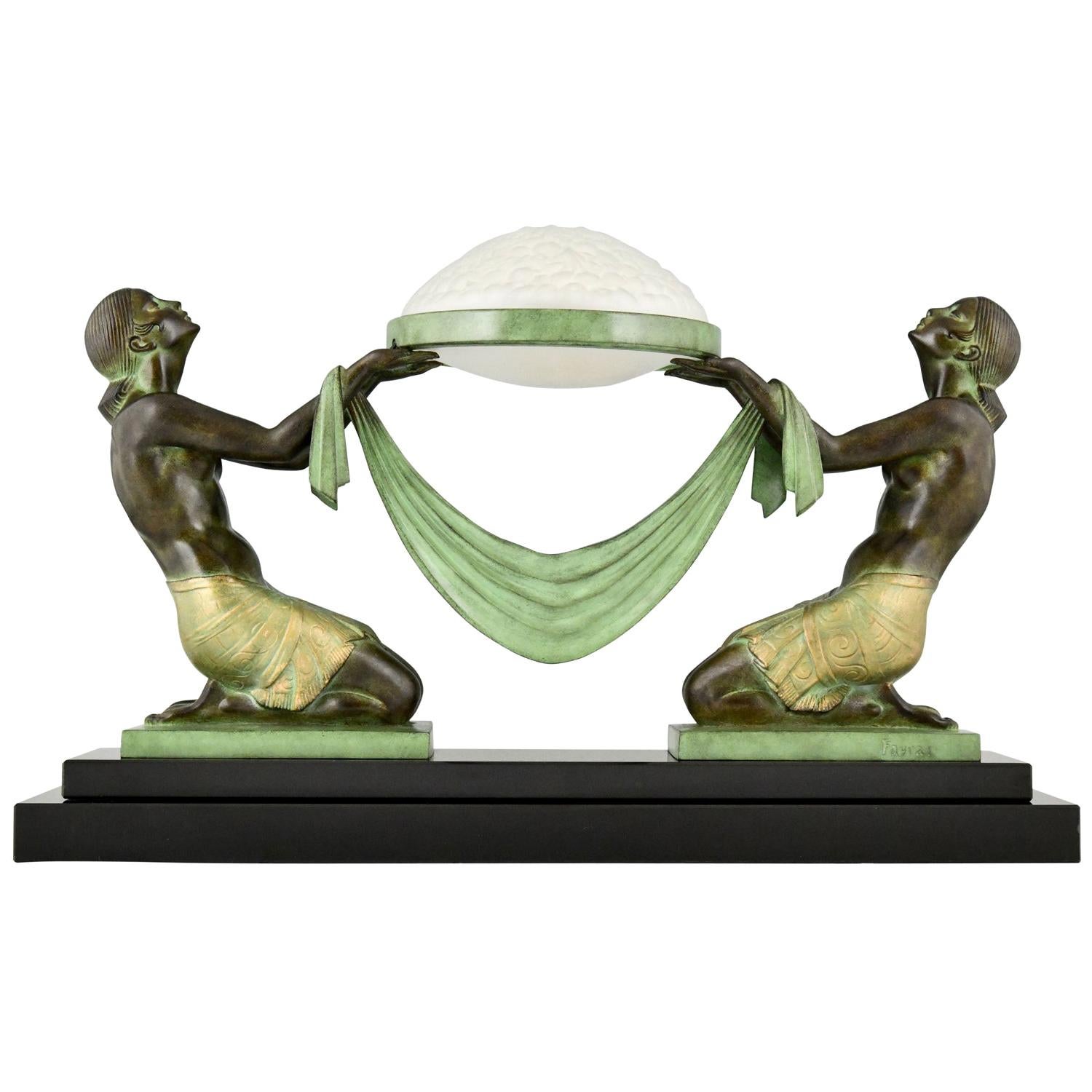 Art Deco Style Table Lamp with Two Kneeling Nudes by Fayral for Max Le Verrier For Sale