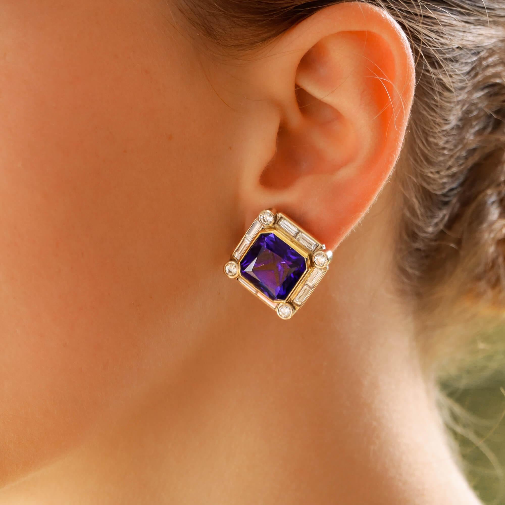 Square Cut Art Deco Style Tanzanite and Diamond Clip On Earrings in 18k Gold For Sale