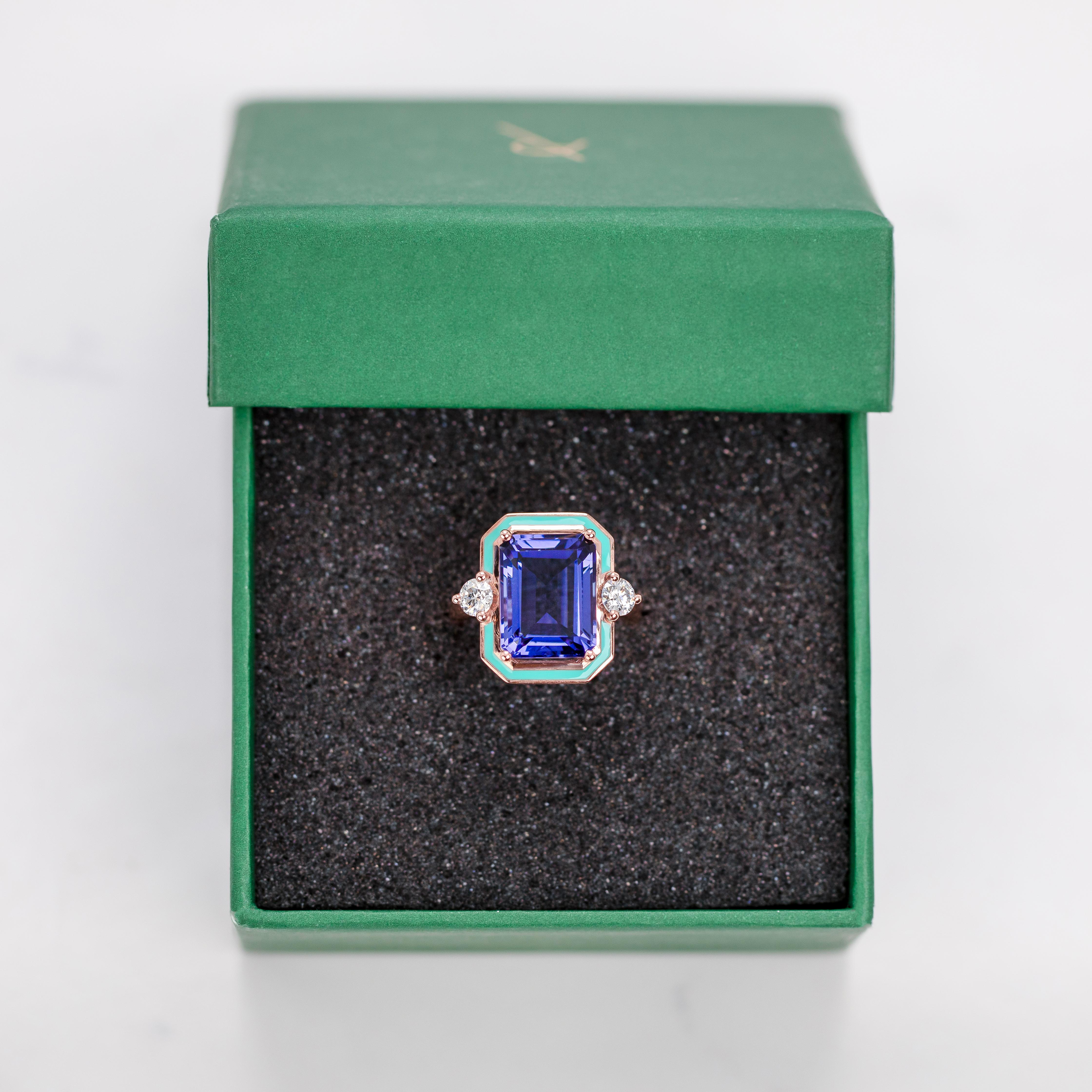 Art Deco Style, Tanzanite and Moissanite Stone Ring, 925 silver rose gold plated For Sale 6