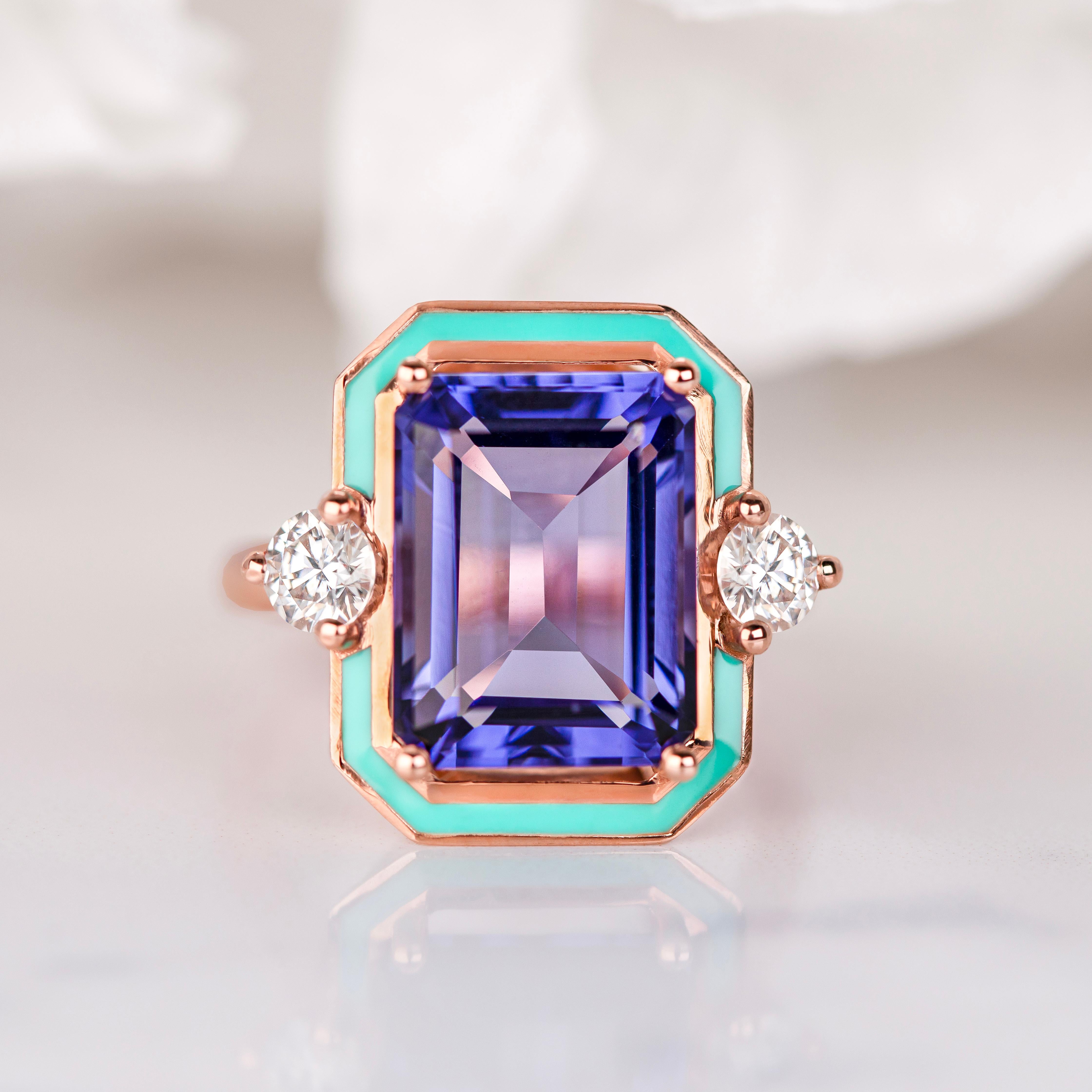 Emerald Cut Art Deco Style, Tanzanite and Moissanite Stone Ring, 925 silver rose gold plated For Sale