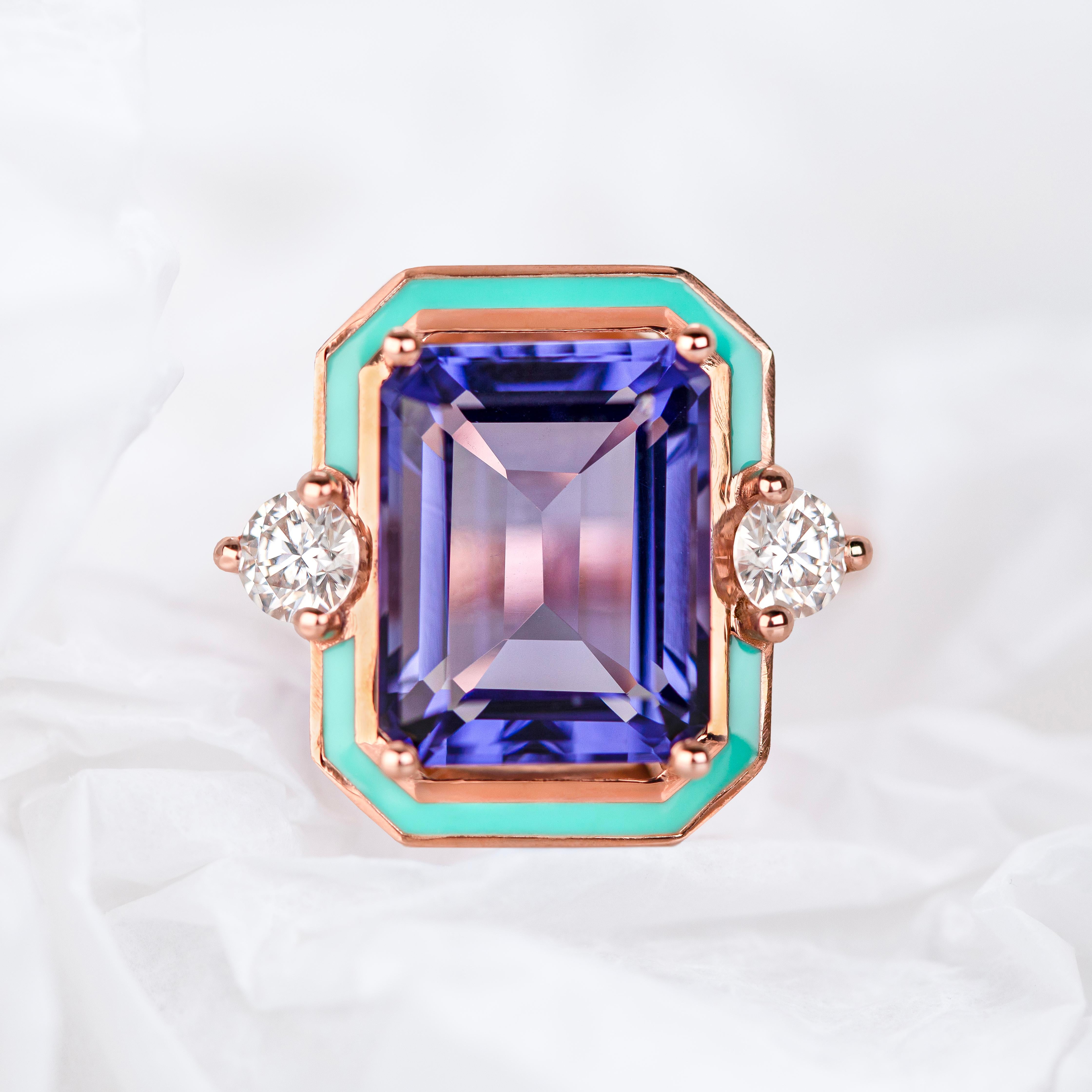 Art Deco Style, Tanzanite and Moissanite Stone Ring, 925 silver rose gold plated For Sale 2