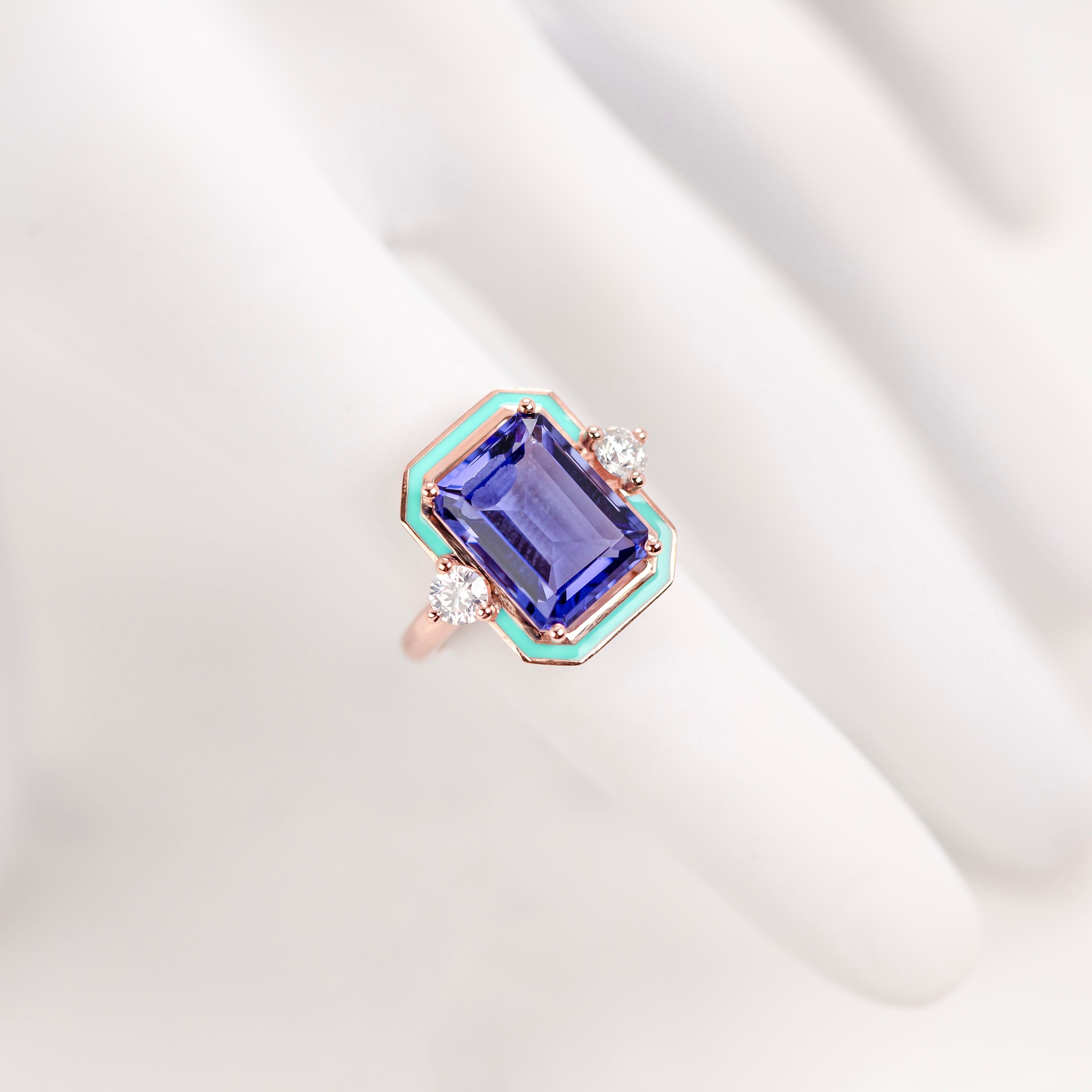 Art Deco Style, Tanzanite and Moissanite Stone Ring, 925 silver rose gold plated For Sale 3