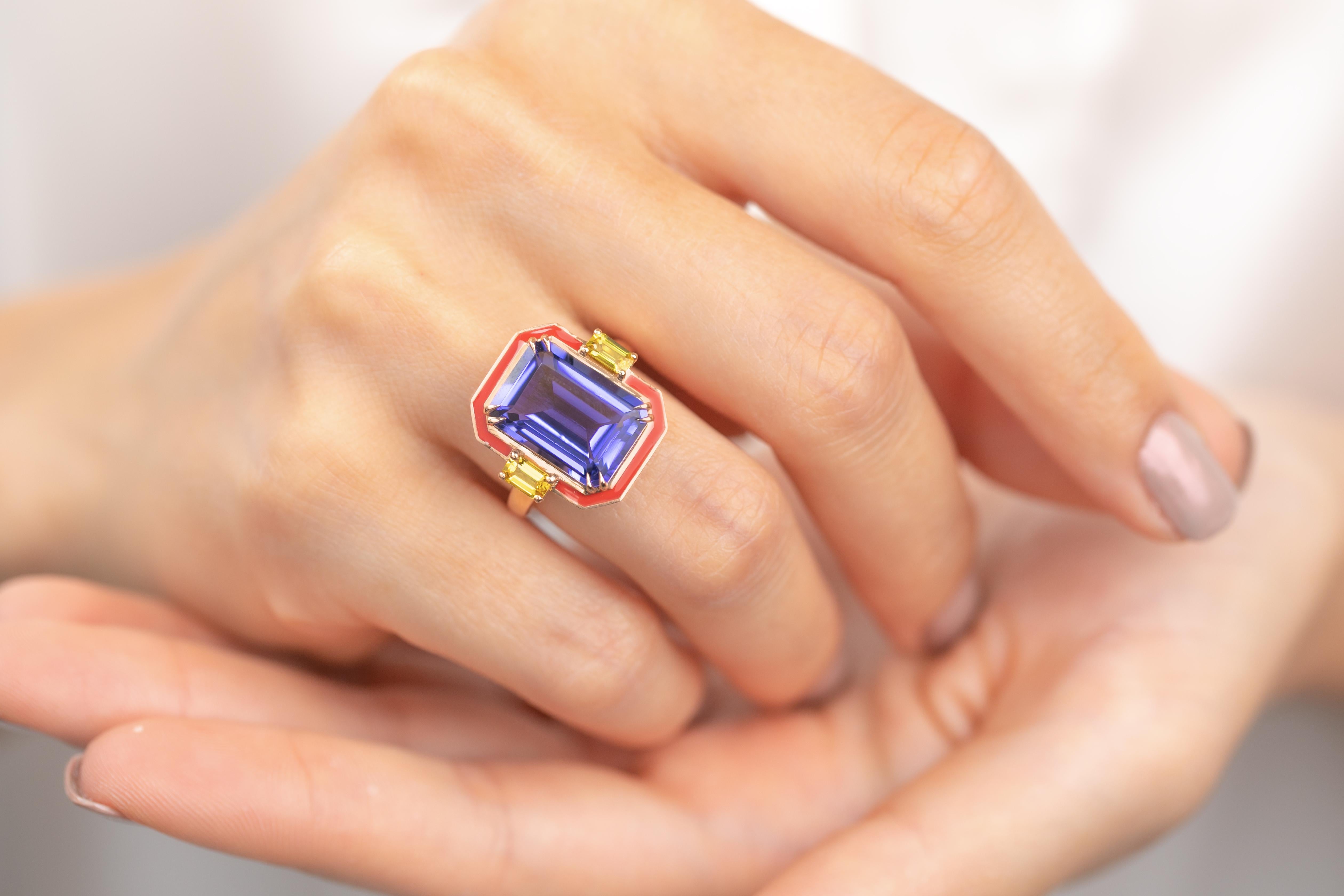 For Sale:  Art Deco Style Tanzanite and Yellow Sapphire Stone, 14K Solid Gold Rings 13