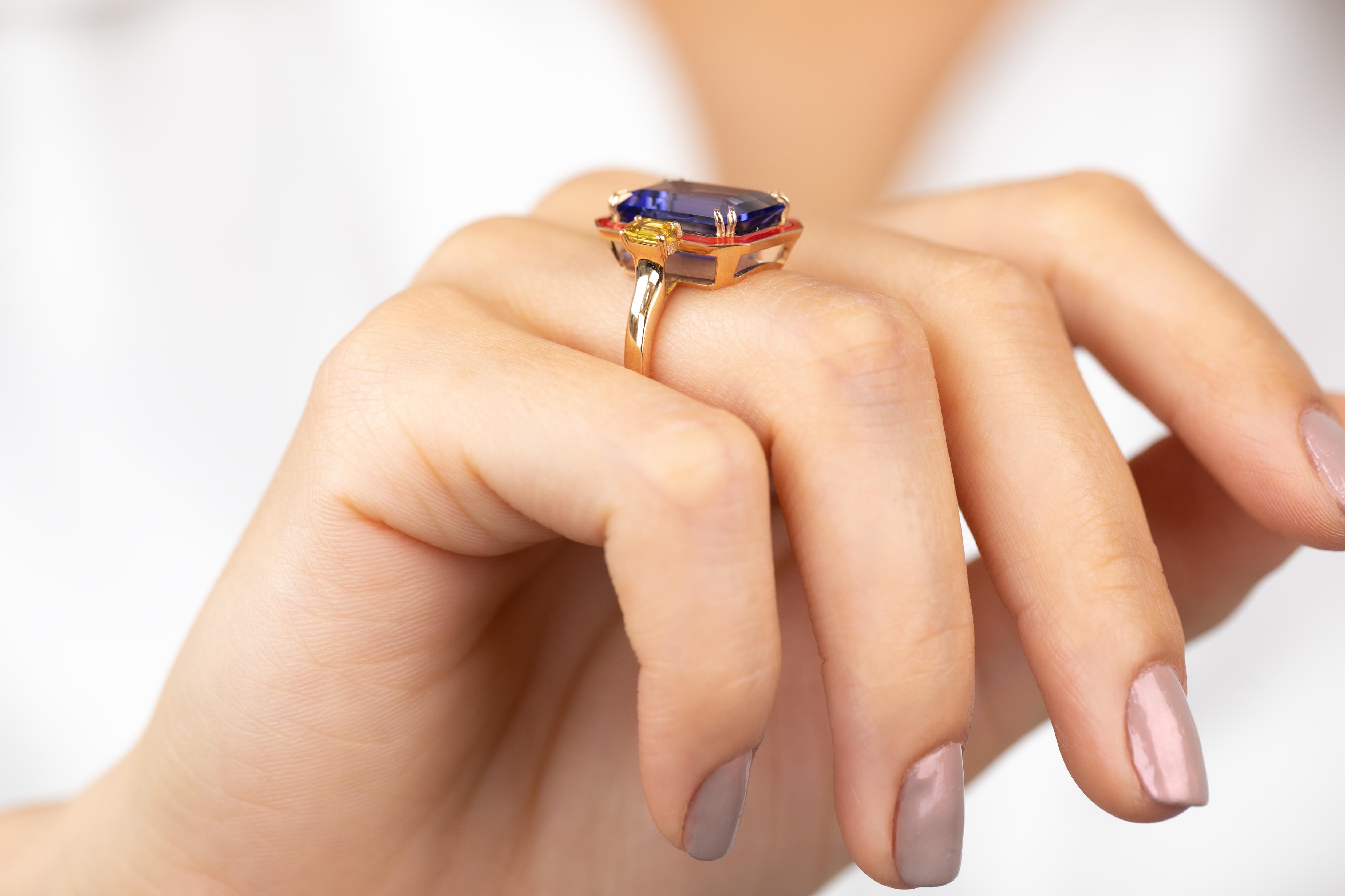 For Sale:  Art Deco Style Tanzanite and Yellow Sapphire Stone, 14K Solid Gold Rings 16