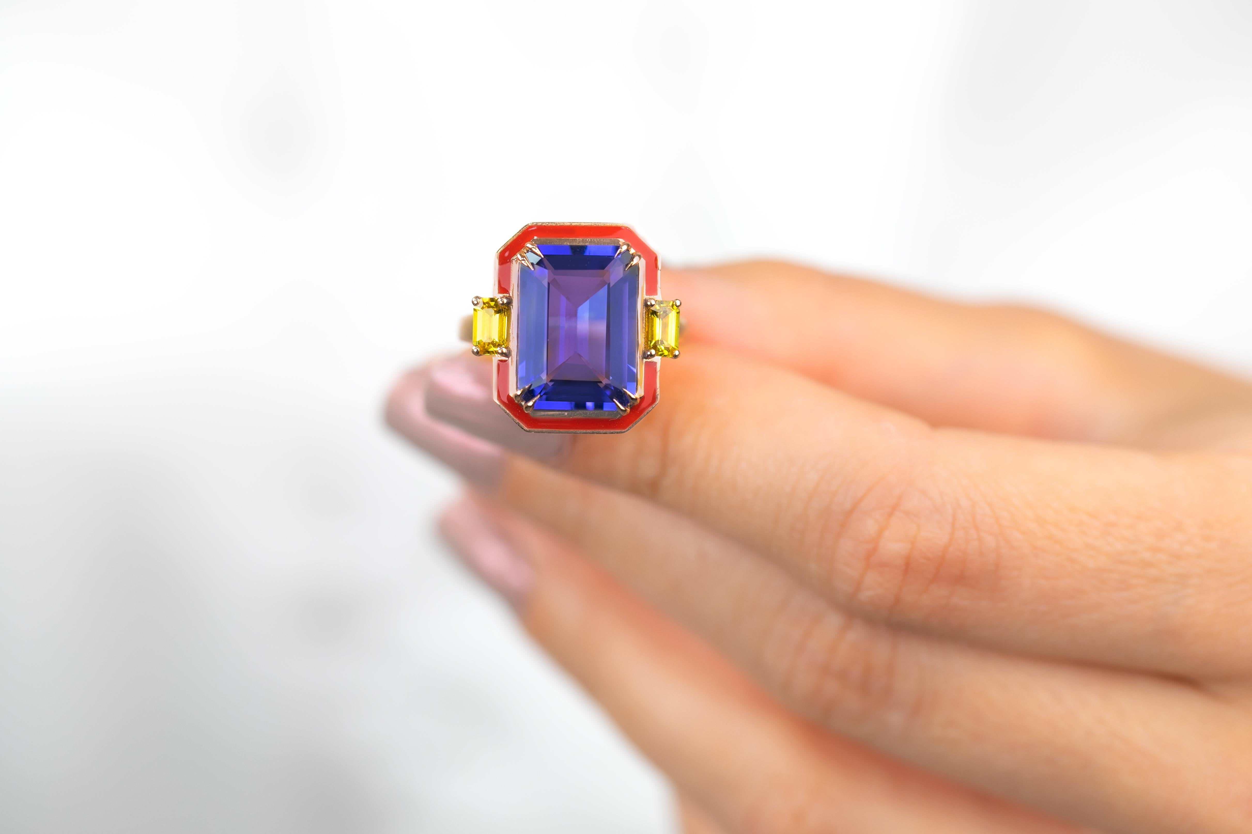 For Sale:  Art Deco Style Tanzanite and Yellow Sapphire Stone, 14K Solid Gold Rings 8