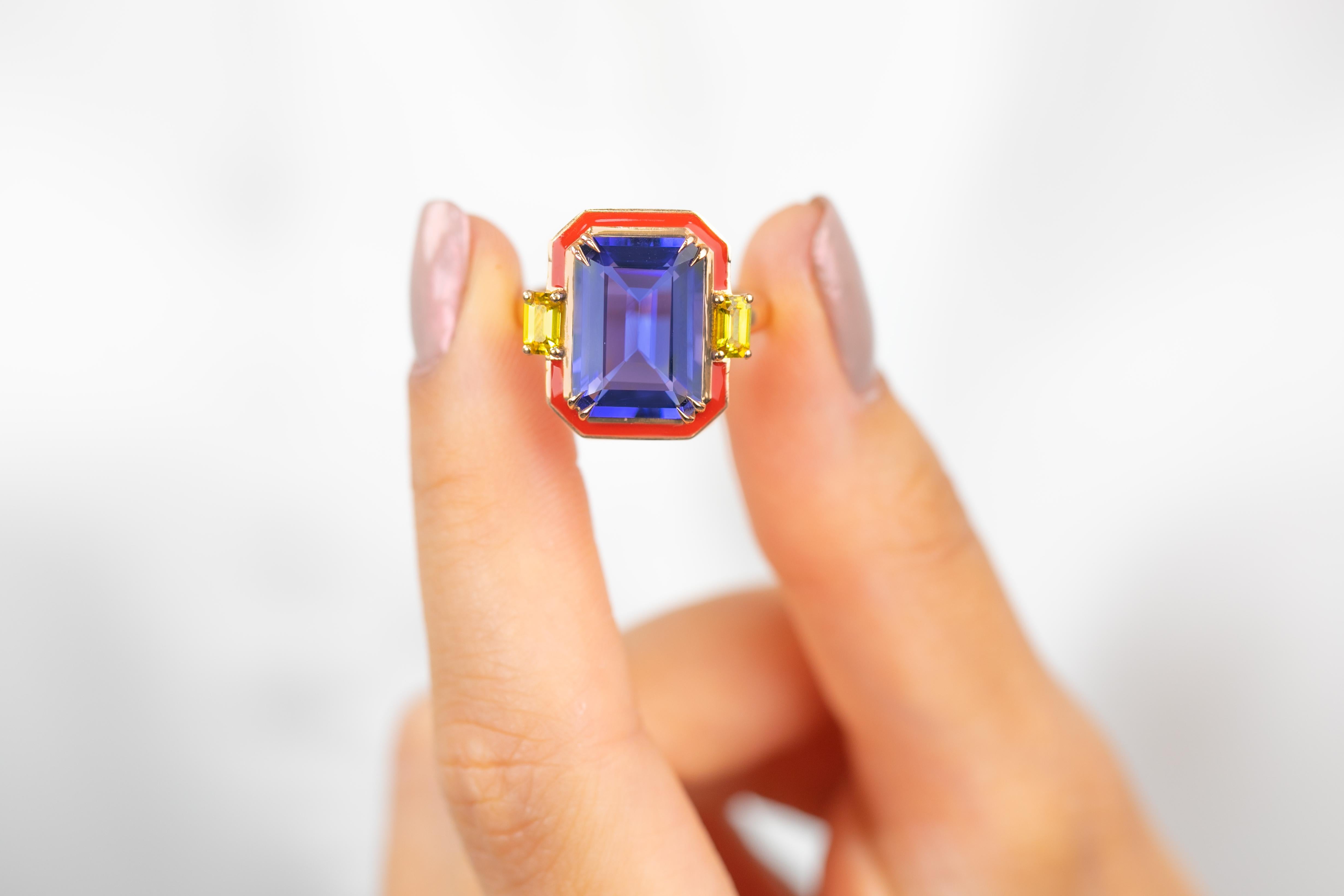 For Sale:  Art Deco Style Tanzanite and Yellow Sapphire Stone, 14K Solid Gold Rings 9