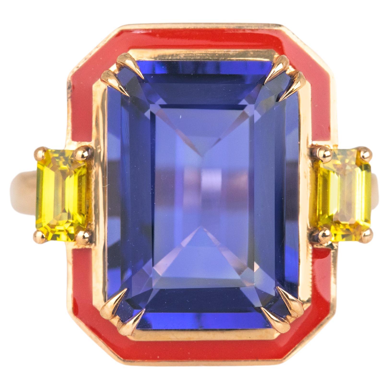 Art Deco Style Tanzanite and Yellow Sapphire Stone, 14K Solid Gold Rings