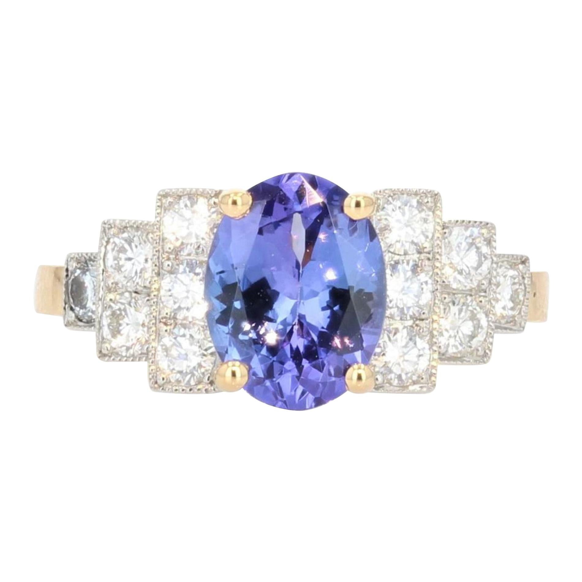 Art Deco Style Tanzanite Diamonds 18 Karat Yellow Gold Platinum Ring