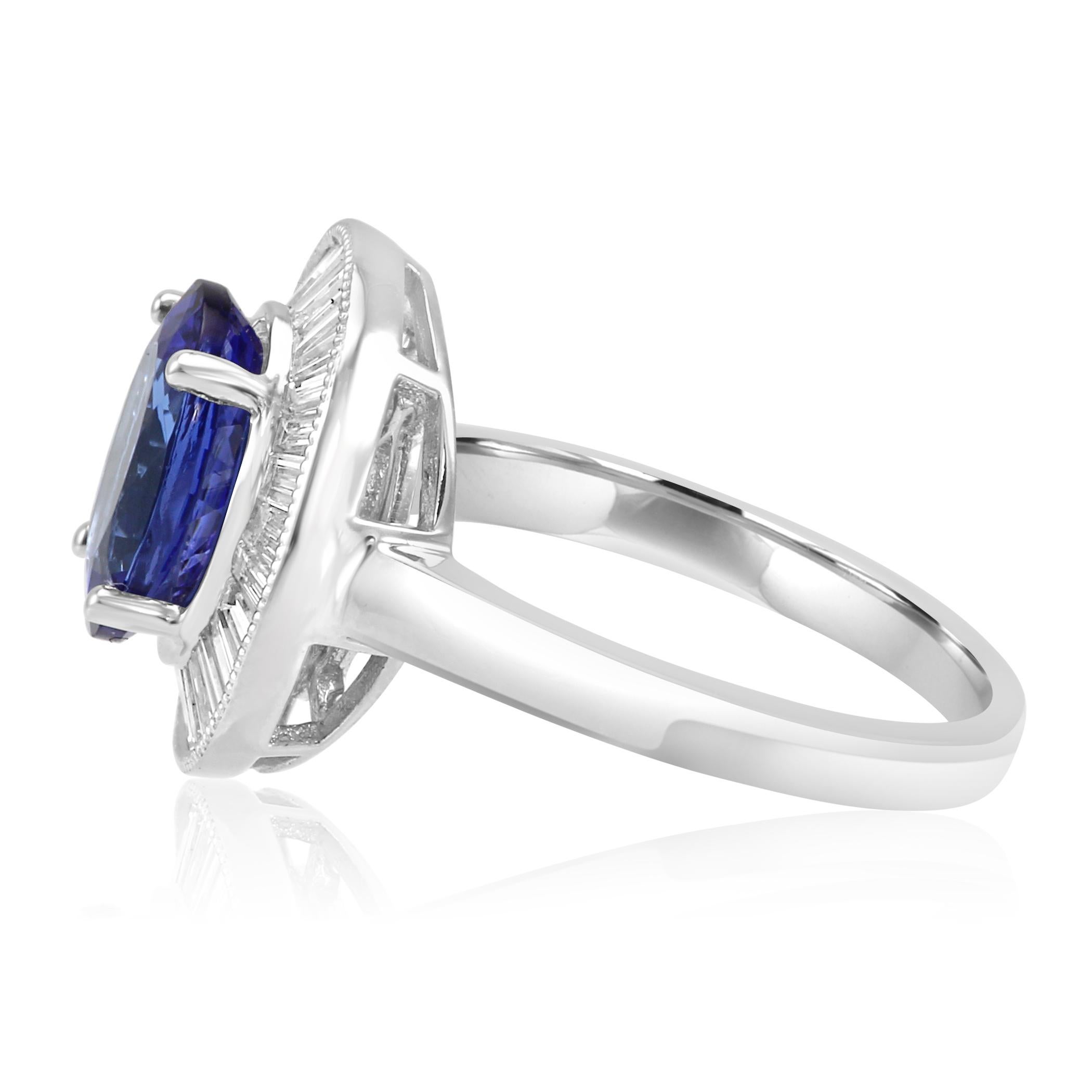 Art Deco Style Tanzanite Oval Diamond Baguette Halo Bridal Cocktail Gold Ring In New Condition In NEW YORK, NY