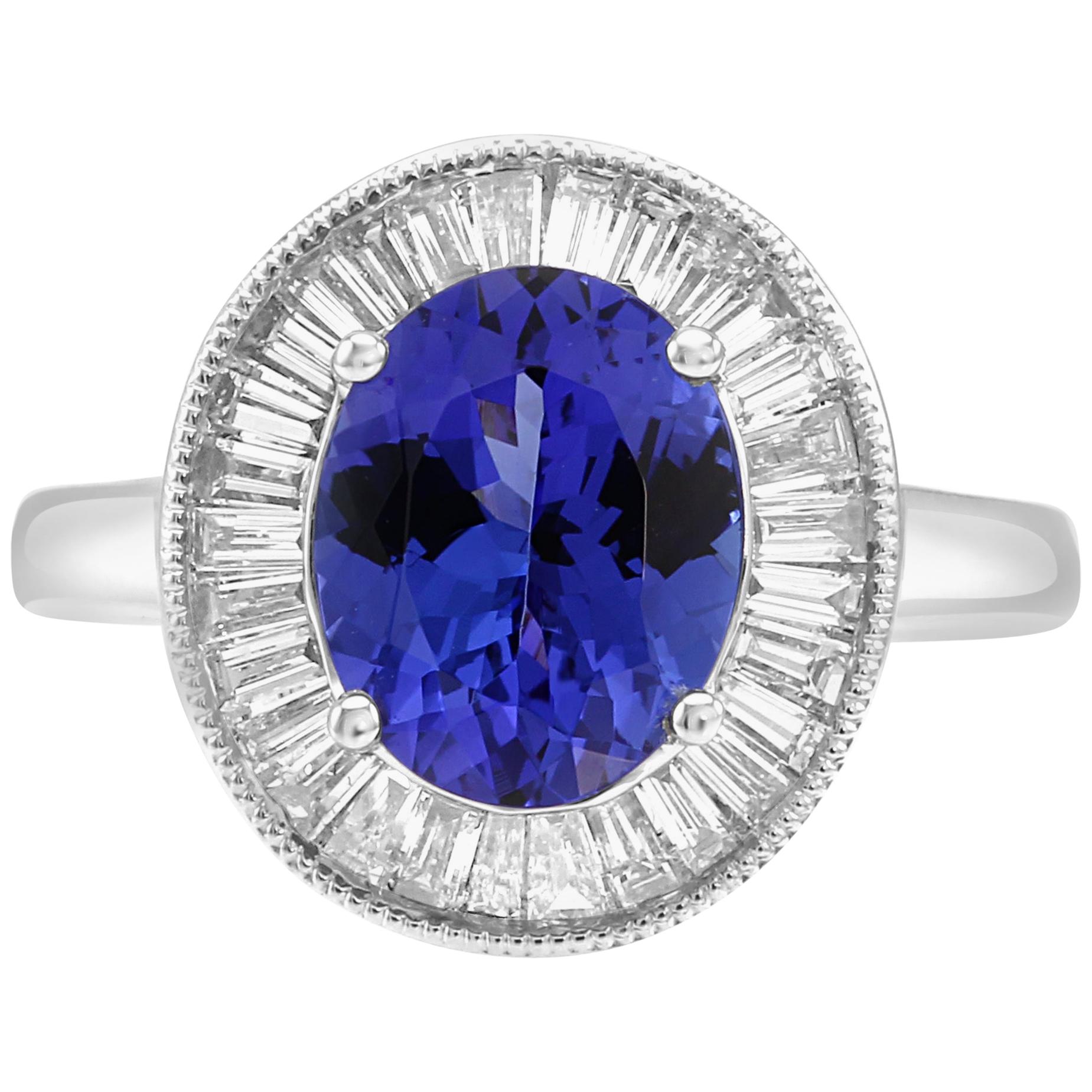 Art Deco Style Tanzanite Oval Diamond Baguette Halo Bridal Cocktail Gold Ring