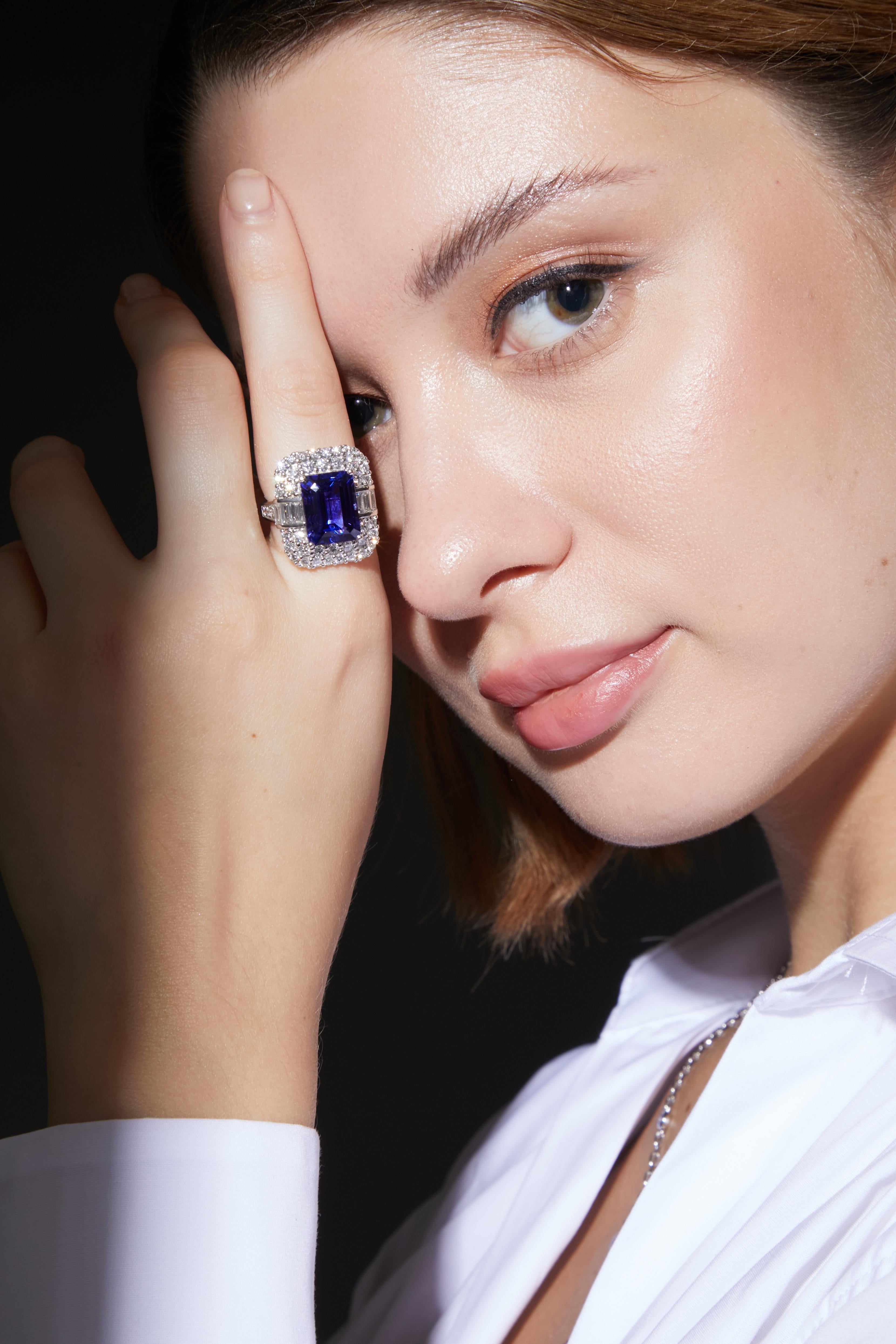 This collection features a selection of the most tantalizing Tanzanites. Uniquely designed in an art deco style with round and baguette diamonds. The rich purple-blue hues of this gemstone with diamonds set in white gold to present a rich and regal