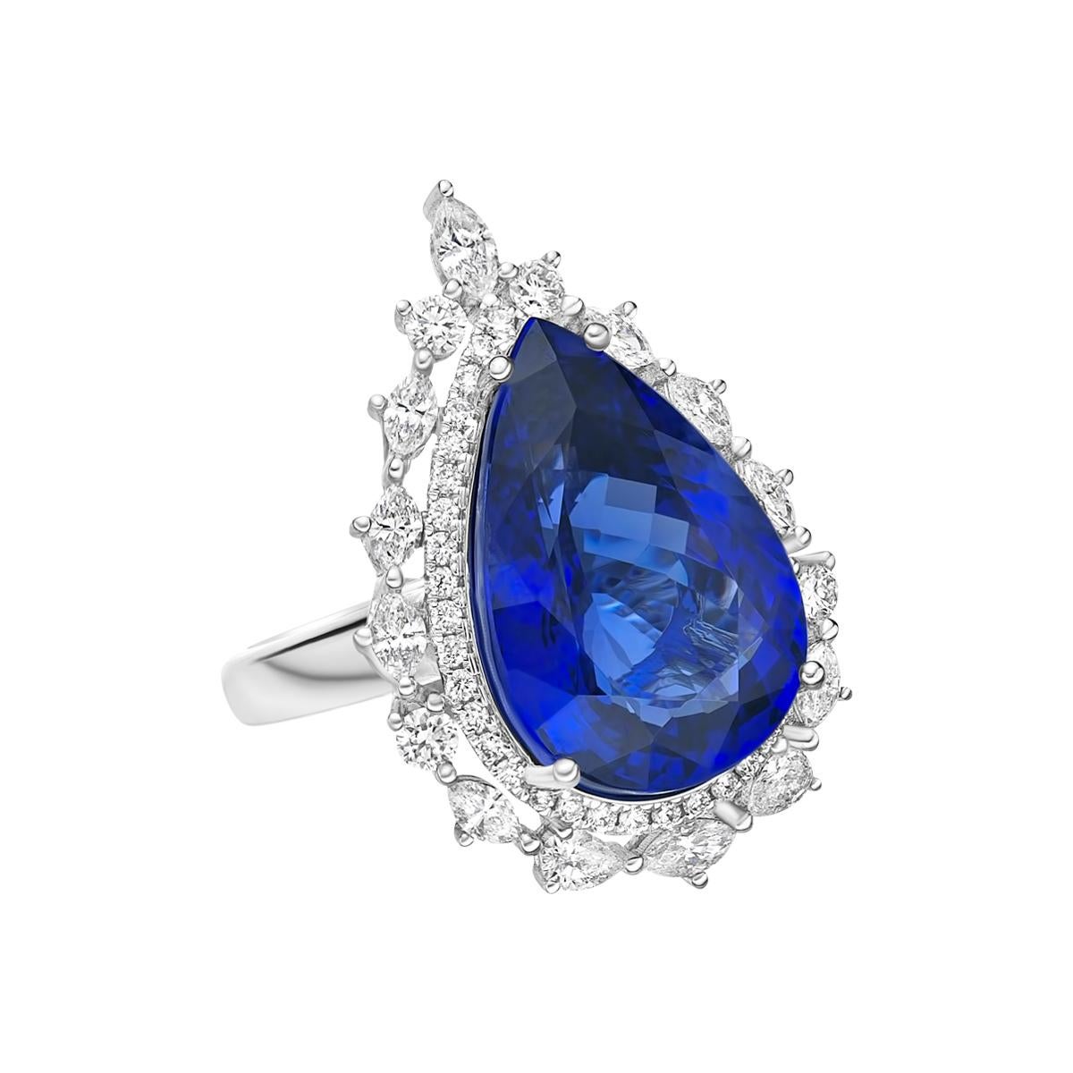 This collection features a selection of the most tantalizing Tanzanites. Uniquely designed in an art deco style with pear, marquise and rounds diamonds. The rich purple-blue hues of this gemstone with diamonds set in white gold to present a rich and