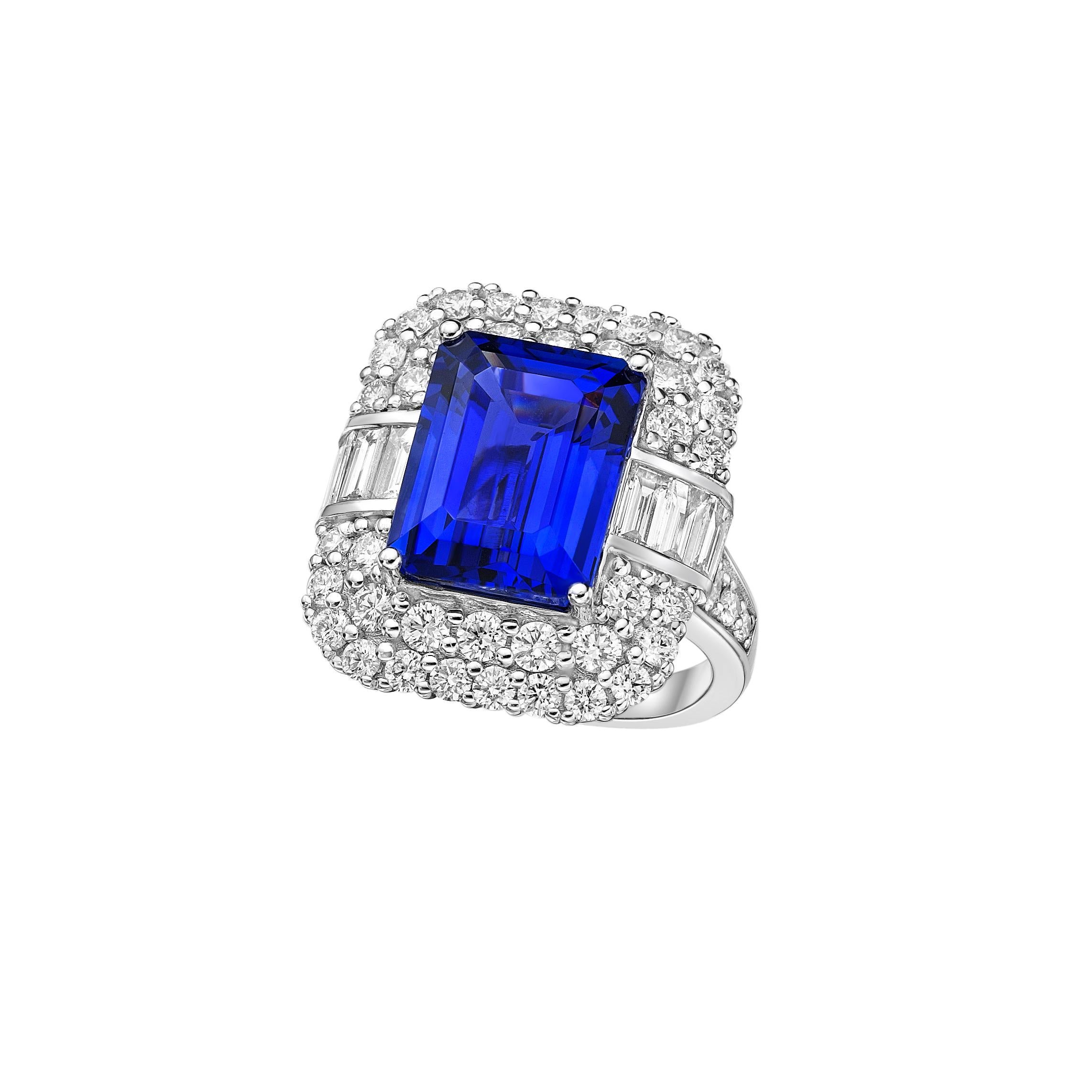Octagon Cut Art Deco Style Tanzanite Ring with Diamond in 18 Karat White Gold For Sale