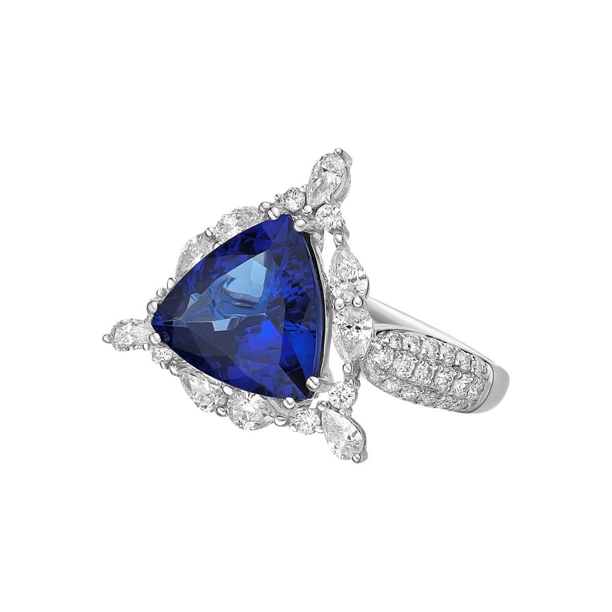 Trillion Cut Art Deco Style Tanzanite Ring with Diamond in 18 Karat White Gold For Sale