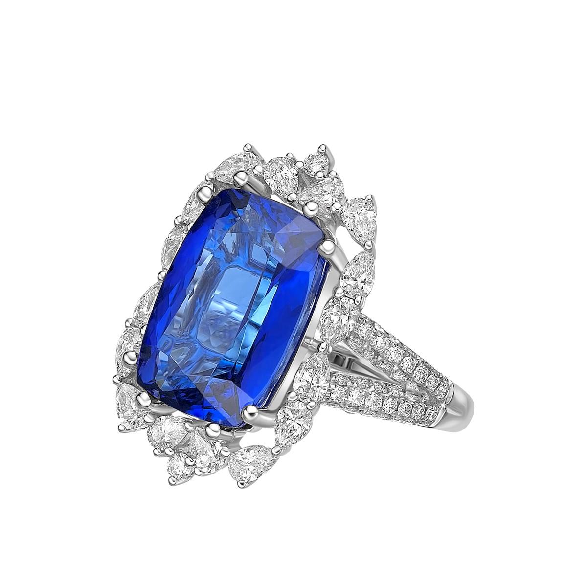 Cushion Cut Art Deco Style Tanzanite Ring with Diamond in 18 Karat White Gold. For Sale