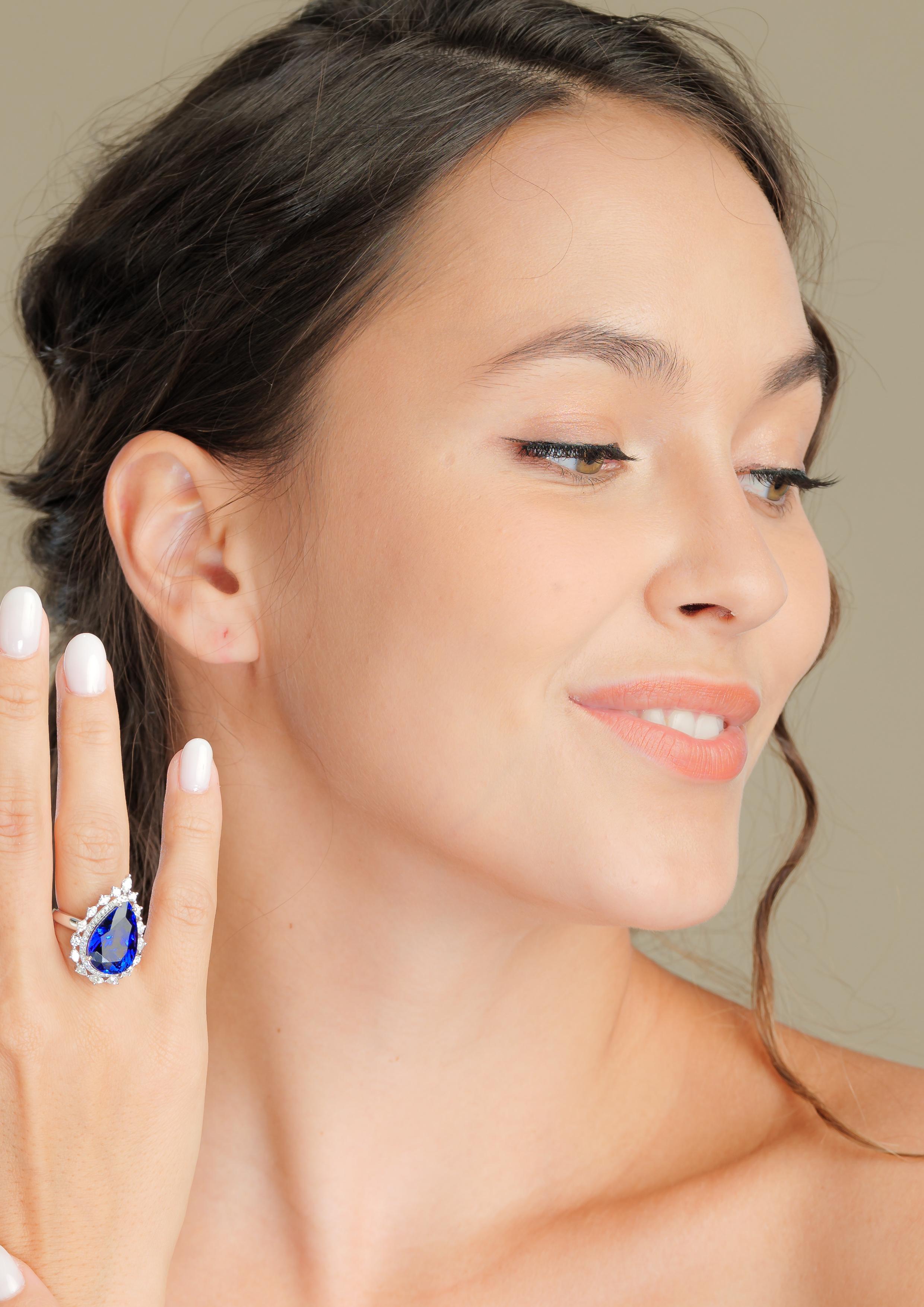 Pear Cut Sunita Nahata Art Deco Style Tanzanite Ring with Diamond in 18 Karat White Gold For Sale