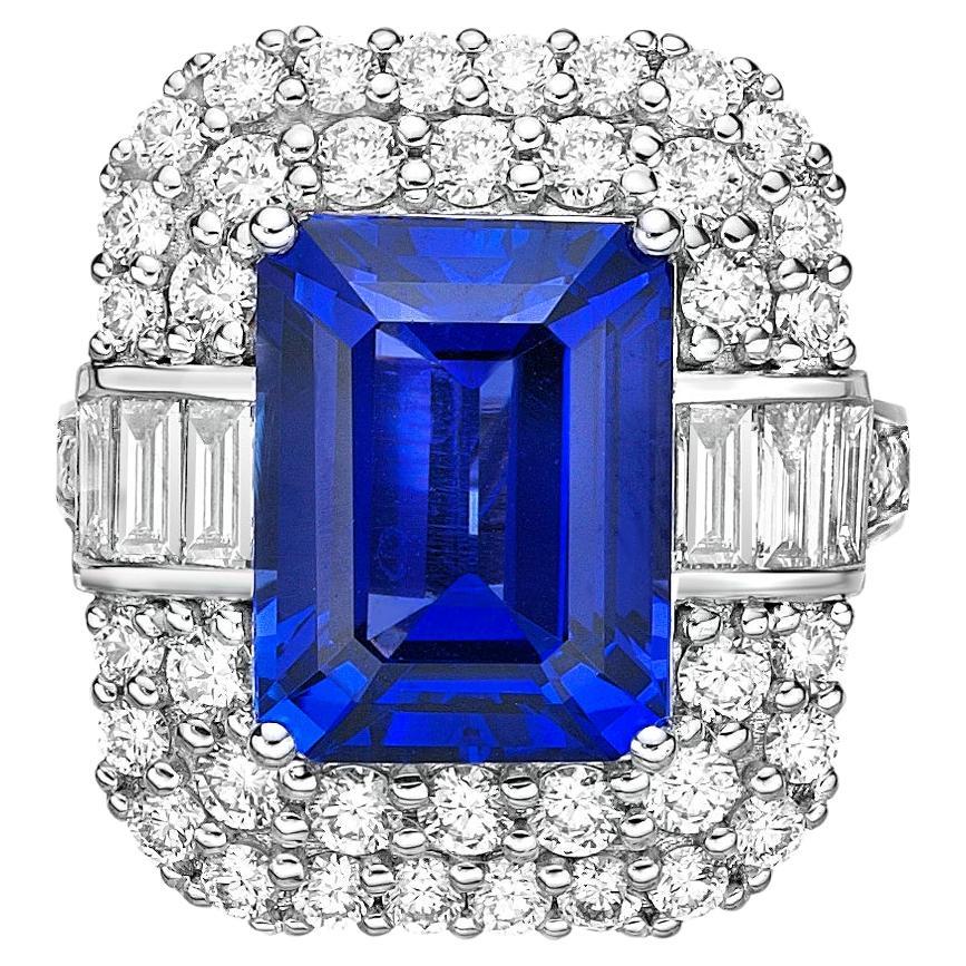 Art Deco Style Tanzanite Ring with Diamond in 18 Karat White Gold