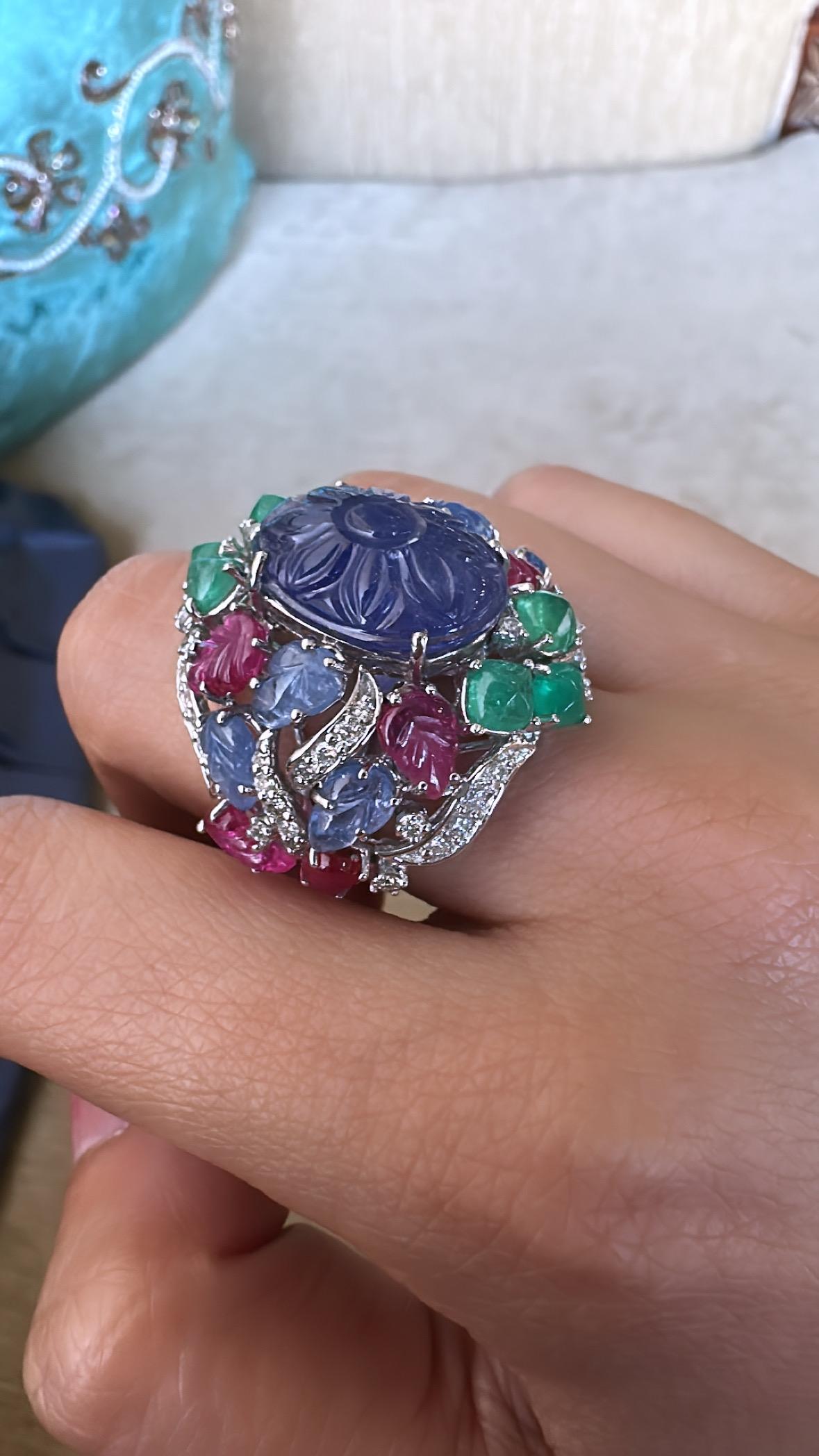 Art Deco style, Tanzanite, Ruby, Emerald & Diamonds Tutti Frutti Cocktail Ring 6