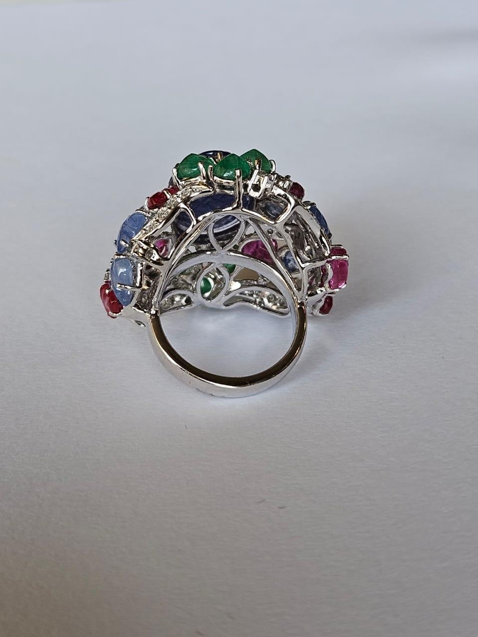 Sugarloaf Cabochon Art Deco style, Tanzanite, Ruby, Emerald & Diamonds Tutti Frutti Cocktail Ring