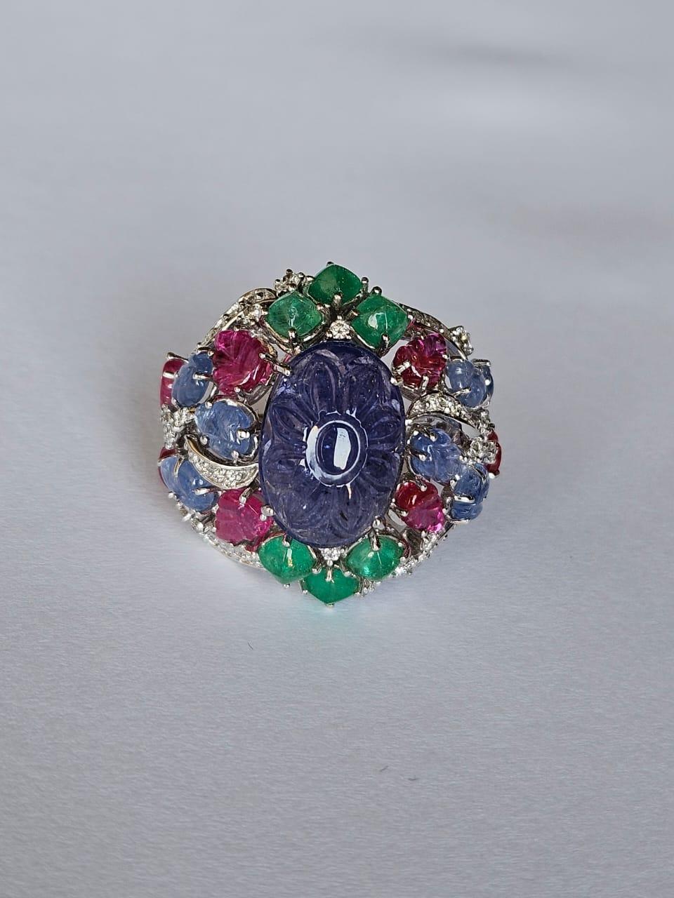 Women's or Men's Art Deco style, Tanzanite, Ruby, Emerald & Diamonds Tutti Frutti Cocktail Ring