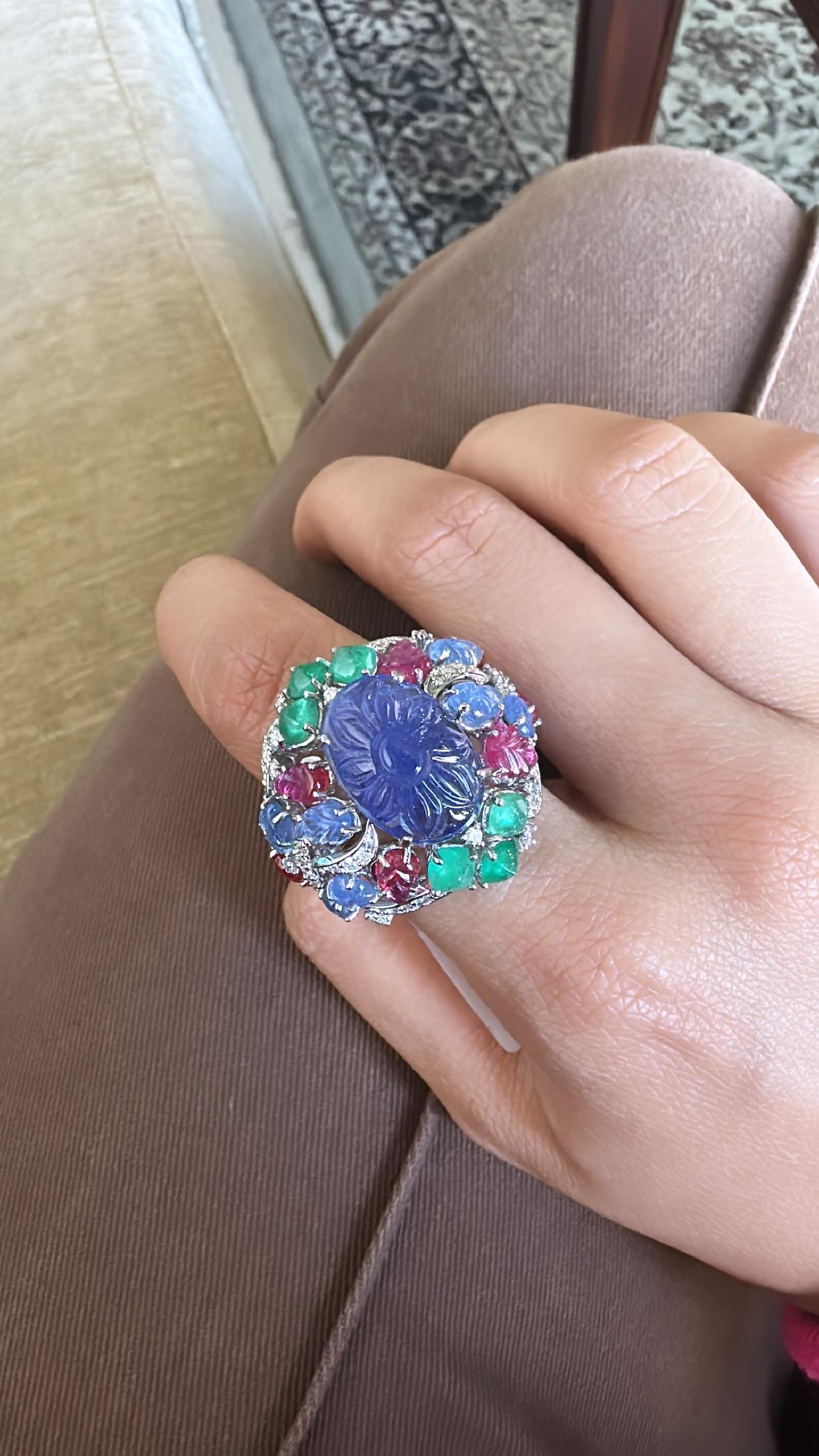 Art Deco style, Tanzanite, Ruby, Emerald & Diamonds Tutti Frutti Cocktail Ring 2