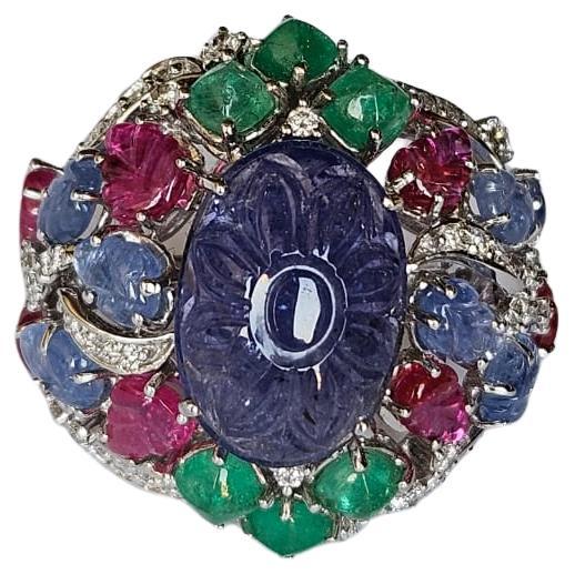 Art Deco style, Tanzanite, Ruby, Emerald & Diamonds Tutti Frutti Cocktail Ring