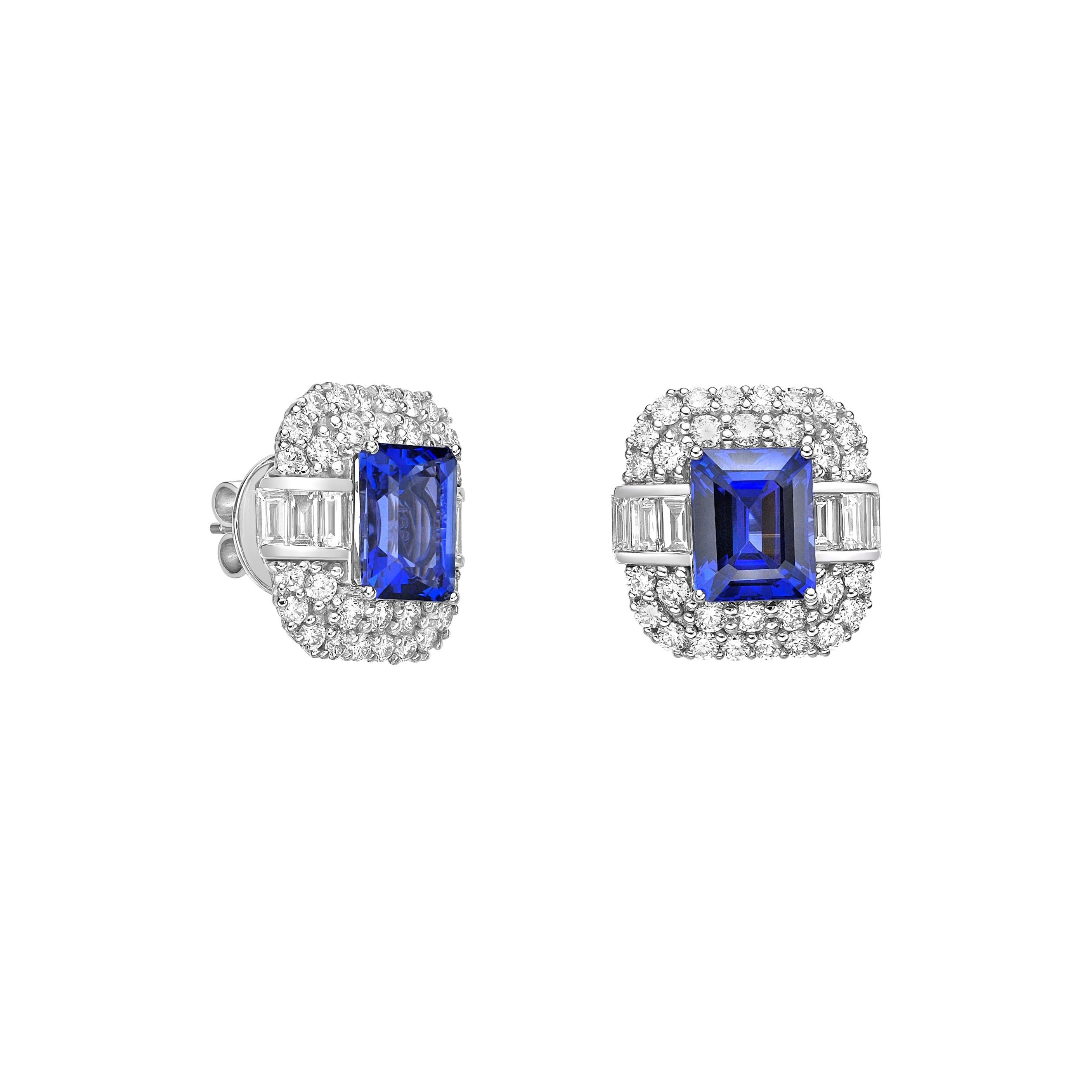 Contemporary Art Deco Style Tanzanite Stud Earrings with Diamond in 18 Karat White Gold For Sale