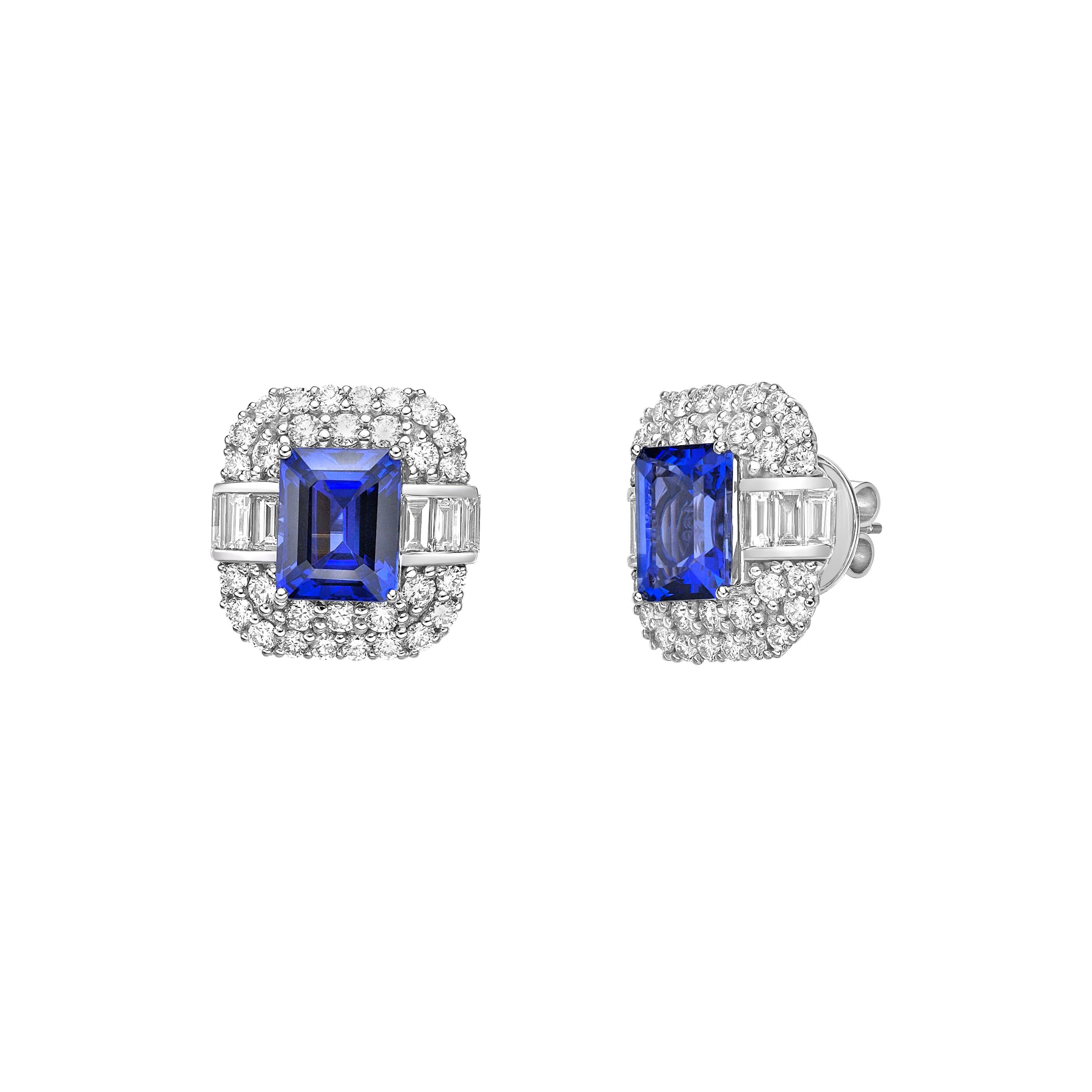 Art Deco Style Tanzanite Stud Earrings with Diamond in 18 Karat White Gold In New Condition For Sale In Hong Kong, HK