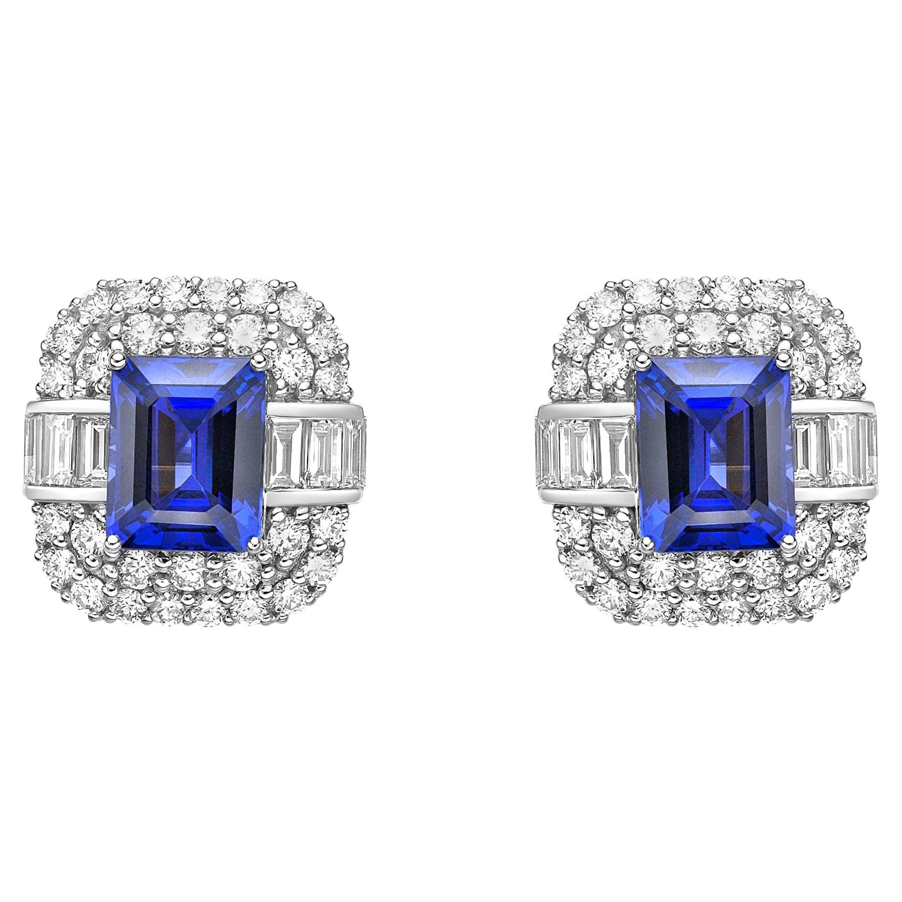 Art Deco Style Tanzanite Stud Earrings with Diamond in 18 Karat White Gold For Sale