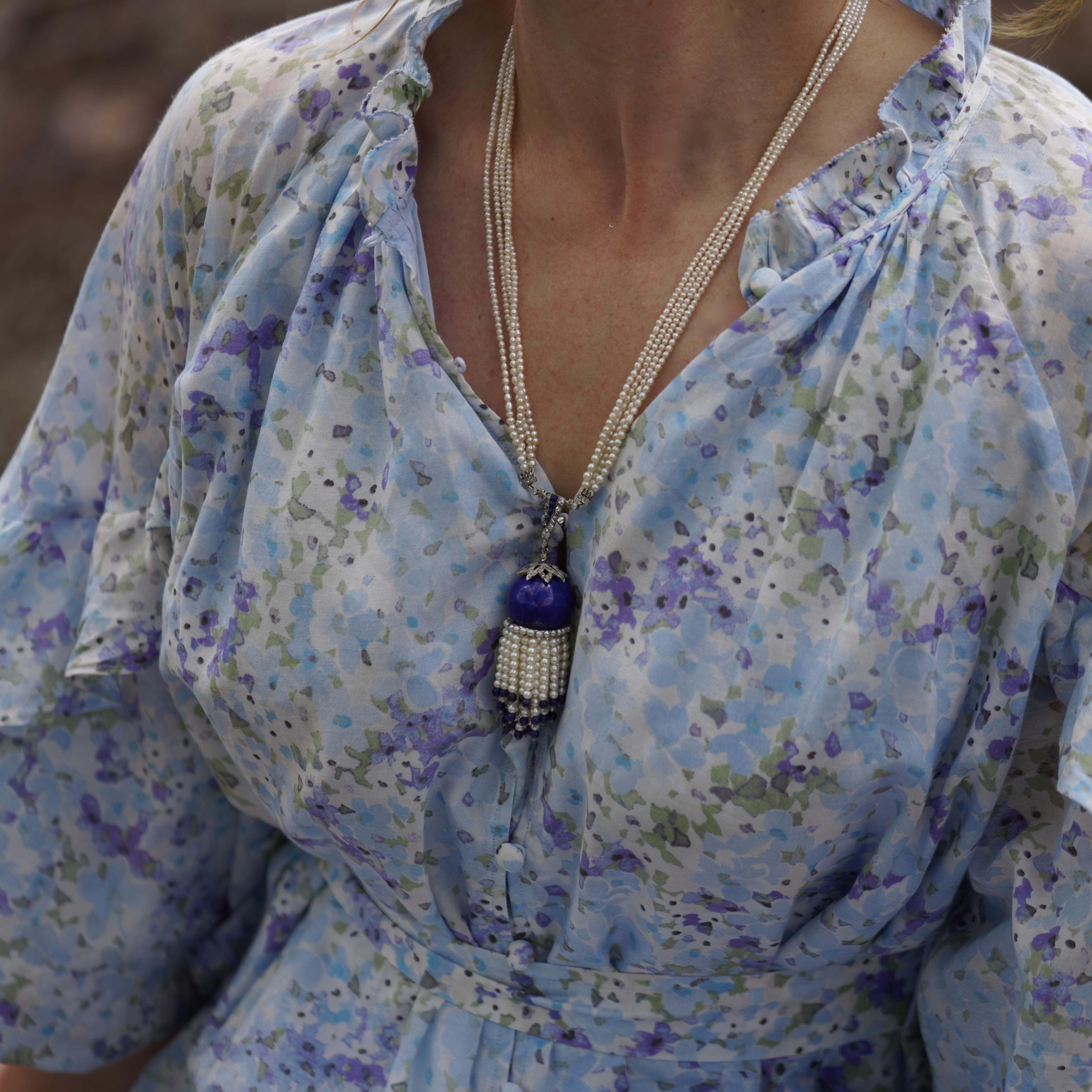 Collana con nappe in stile Art Déco con lapislazzuli e perle coltivate in vendita 6