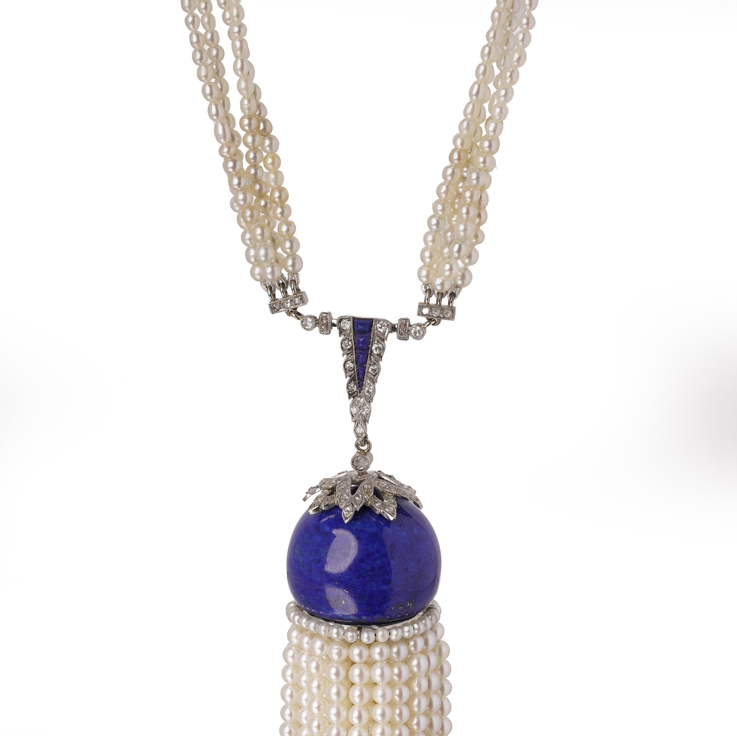 Art Deco Style Tassel Necklace with lapis lazuli and cultured pearls In Good Condition For Sale In Braintree, GB