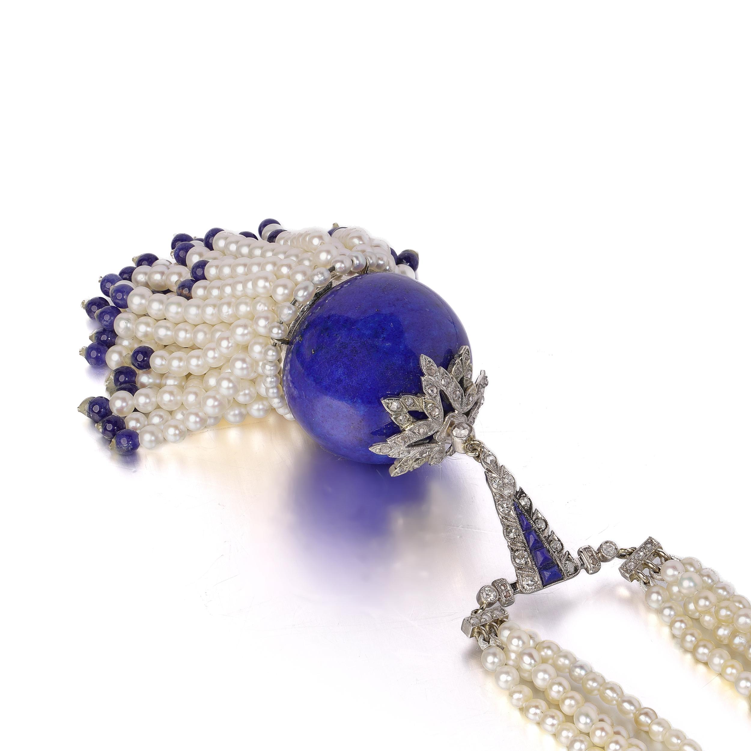 Women's or Men's Art Deco Style Tassel Necklace with lapis lazuli and cultured pearls For Sale