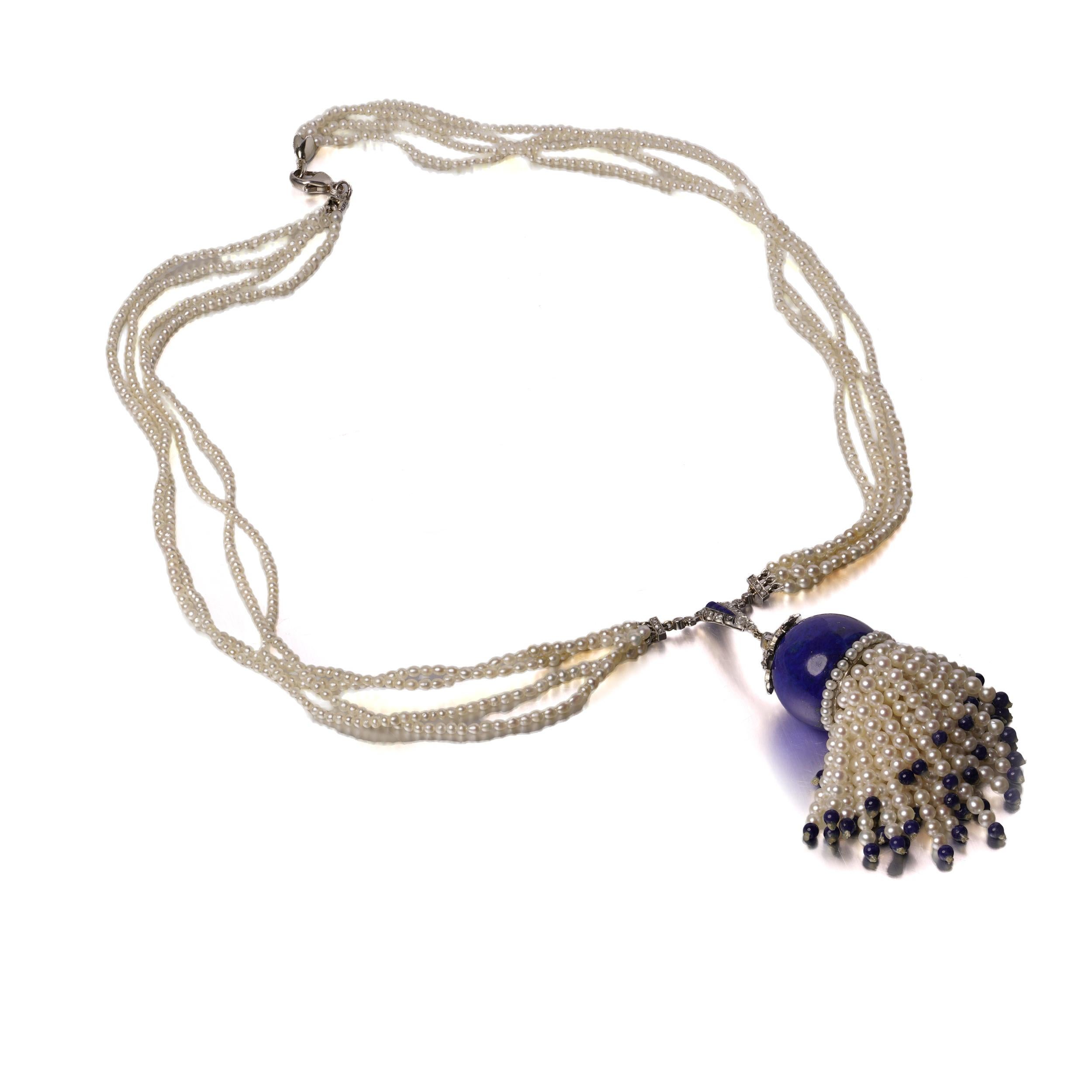 Art Deco Style Tassel Necklace with lapis lazuli and cultured pearls For Sale 3