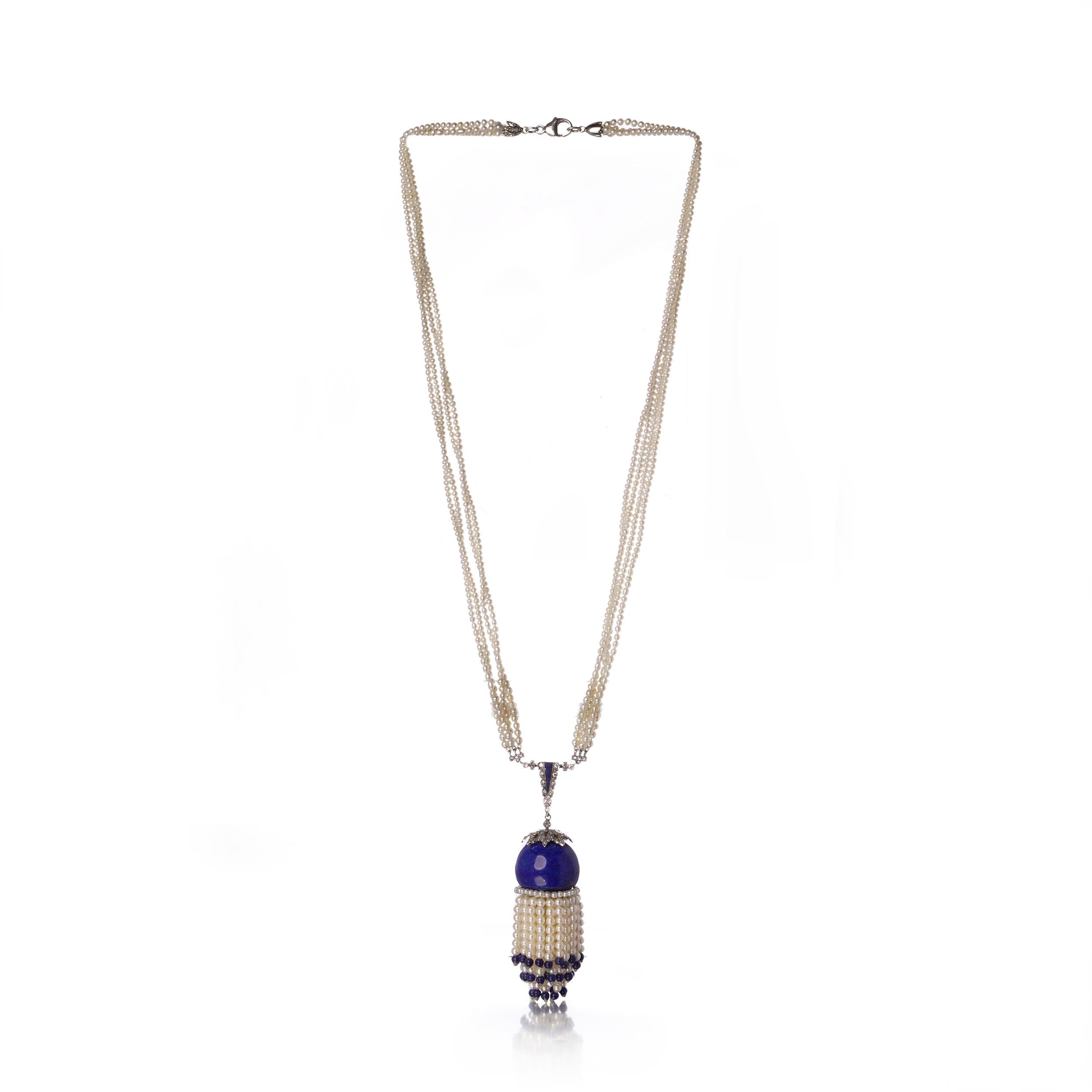 Art Deco Style Tassel Necklace with lapis lazuli and cultured pearls For Sale 4
