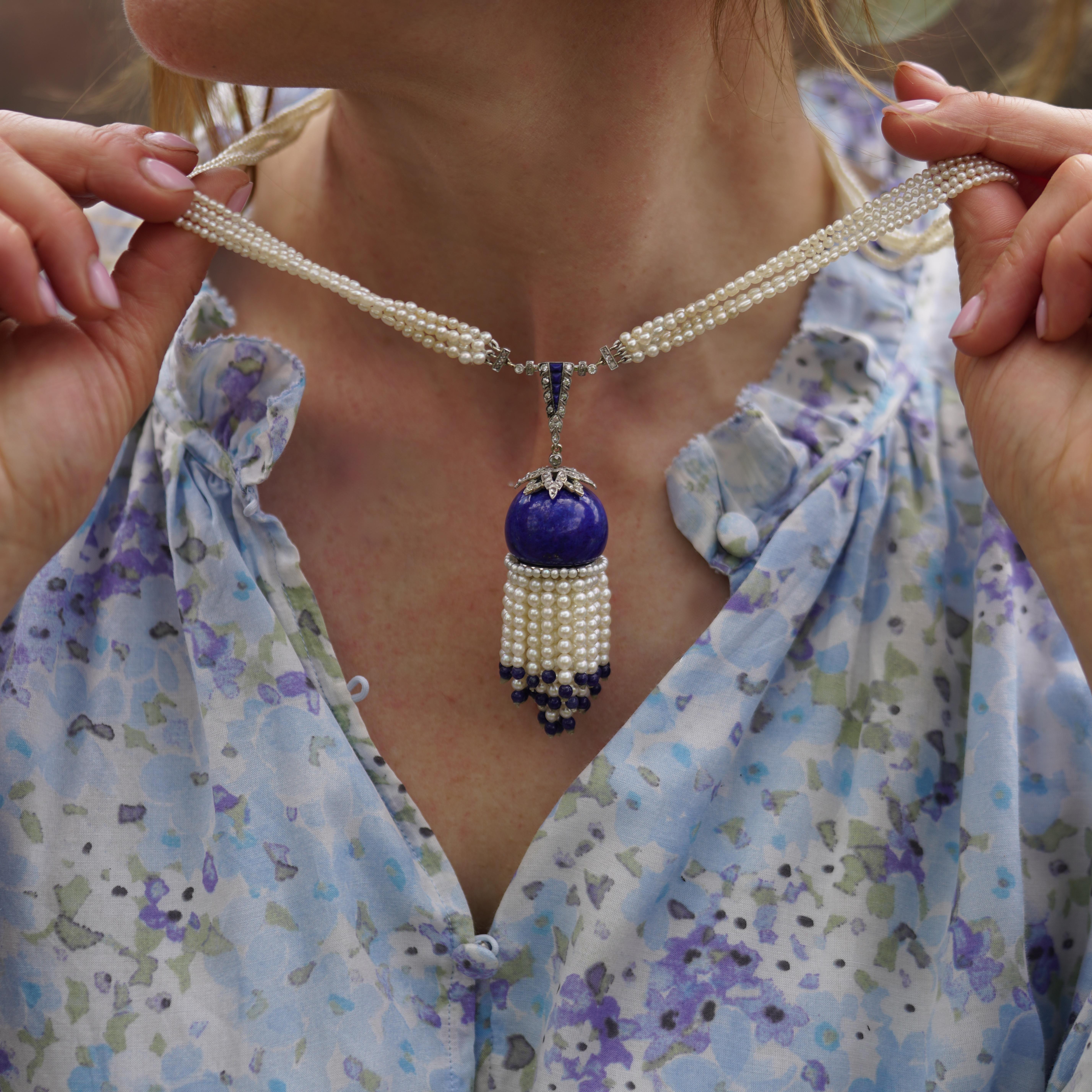 Collana con nappe in stile Art Déco con lapislazzuli e perle coltivate in vendita 5