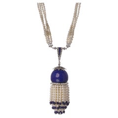Art Deco Style Tassel Necklace with lapis lazuli and cultured pearls