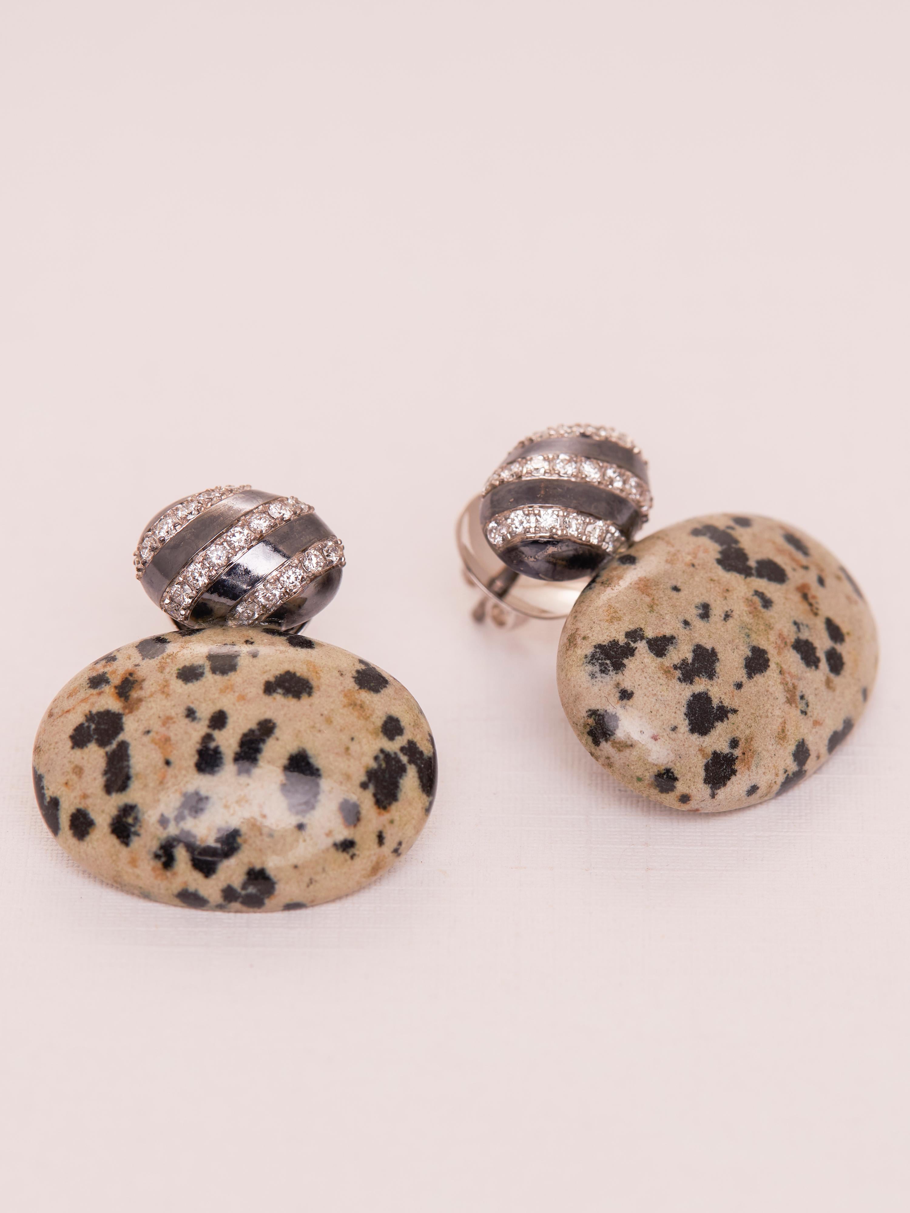 Pendientes Terrazzo Estilo Art Déco en oro de 18 quilates, diamante, piedra blanca y negra Art Decó en venta